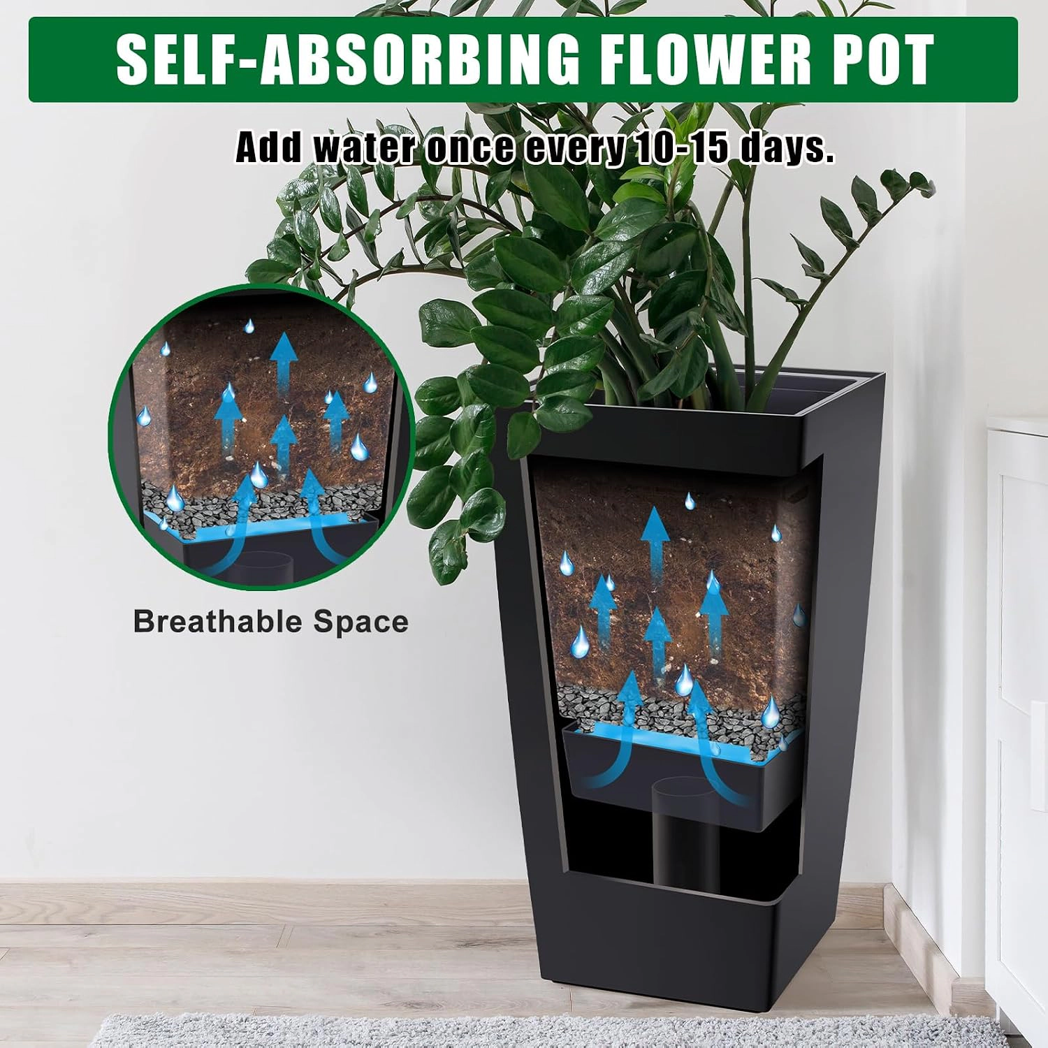 Set of 2 Tapered Planters 30" Tall, Modern White Plastic with Drainage & Drip Tray, Outdoor Patio Porch Garden Decor