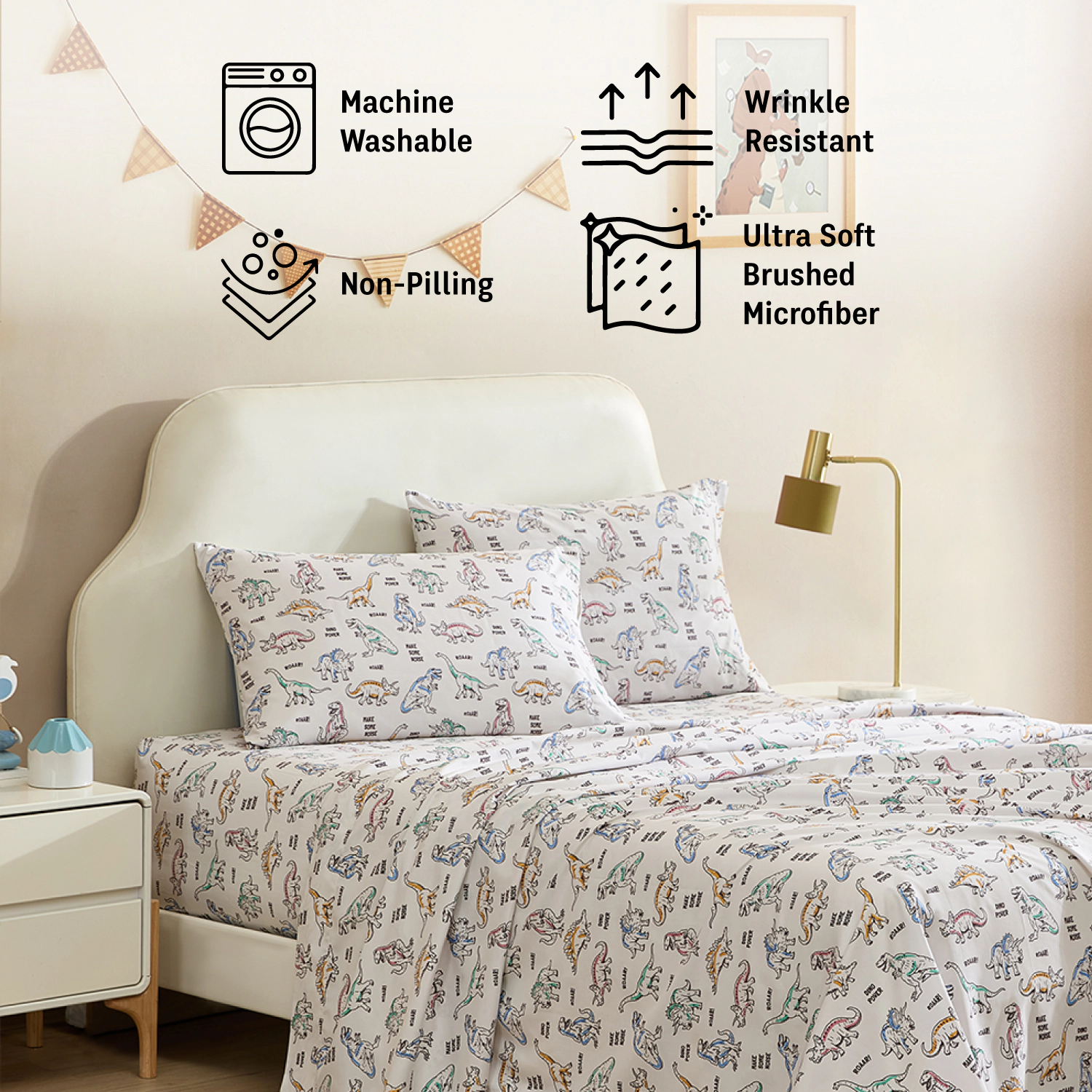 HLC.ME Dinosaur Printed Boys Bed Sheets Set - Wrinkle Resistant & Ultra Soft Fits Mattresses up to 15 Deep