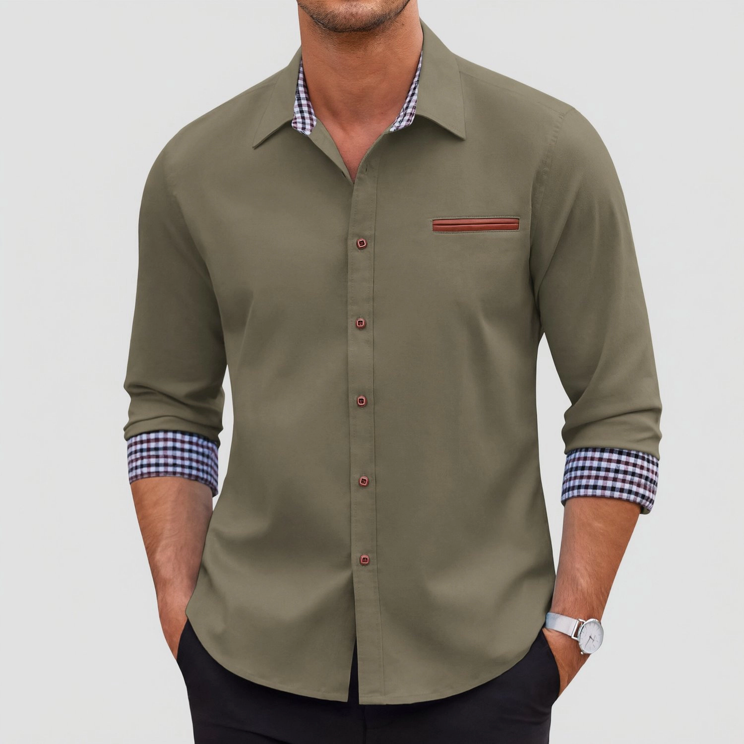 COOFANDY Mens Long Sleeve Button Down Shirts Contrast Check Cuff Dressy Casual Tops