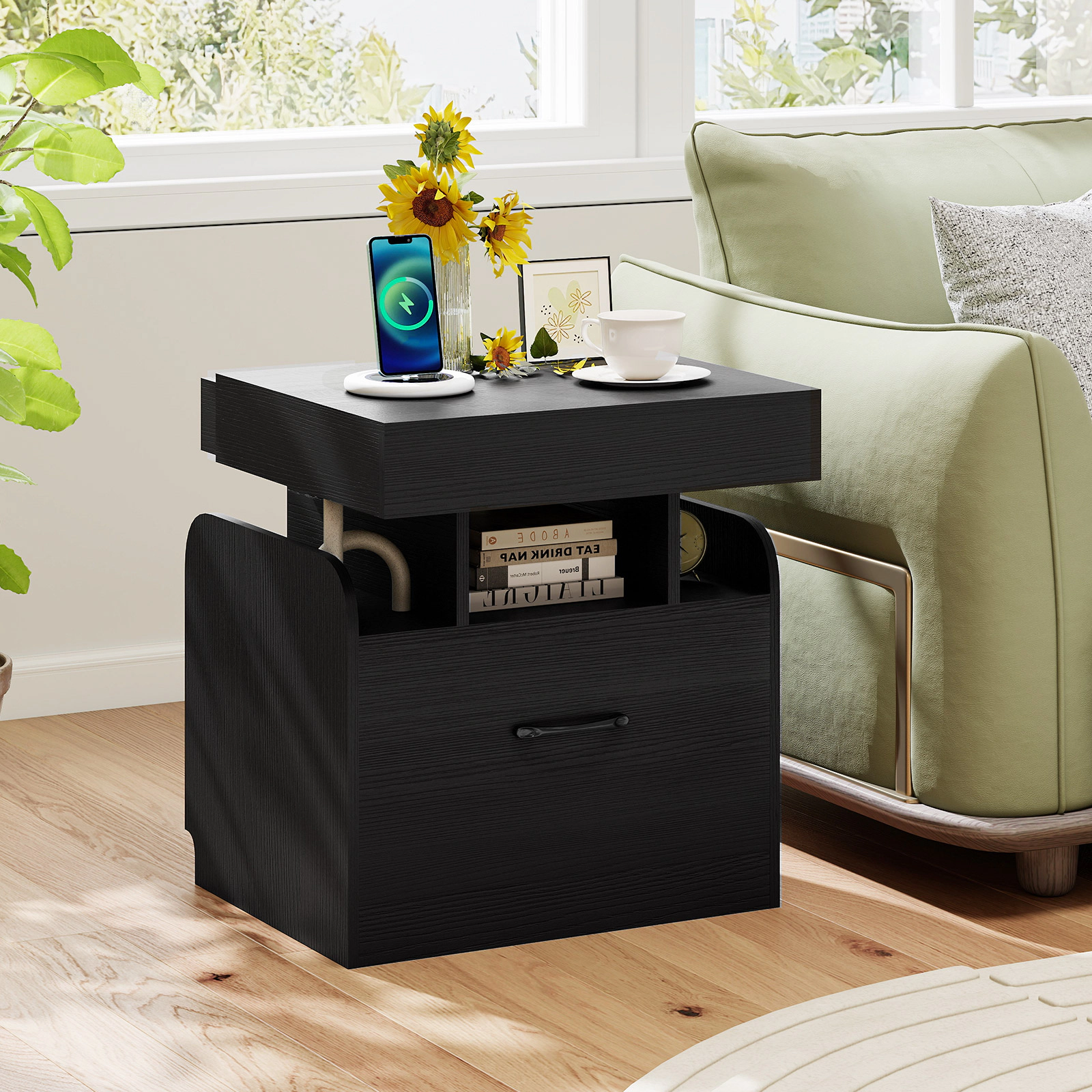 Glintex Nightstand with Push-to-Open Sliding Top Charging Station and Hidden Tray