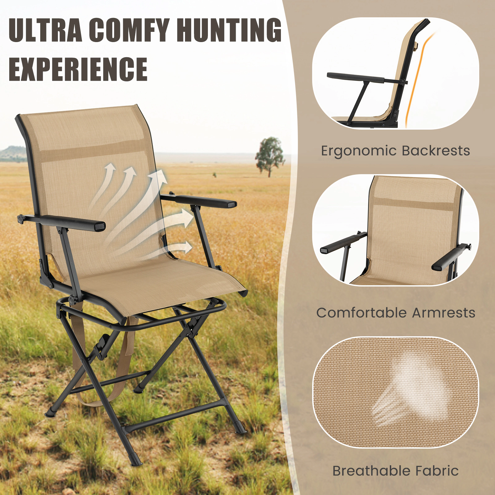 SUGIFT Coffee Folding Swivel Patio Chair with Armrests and Mesh Back 22-in W 21.5-in D 36-in H 330-lb Seat Capacity