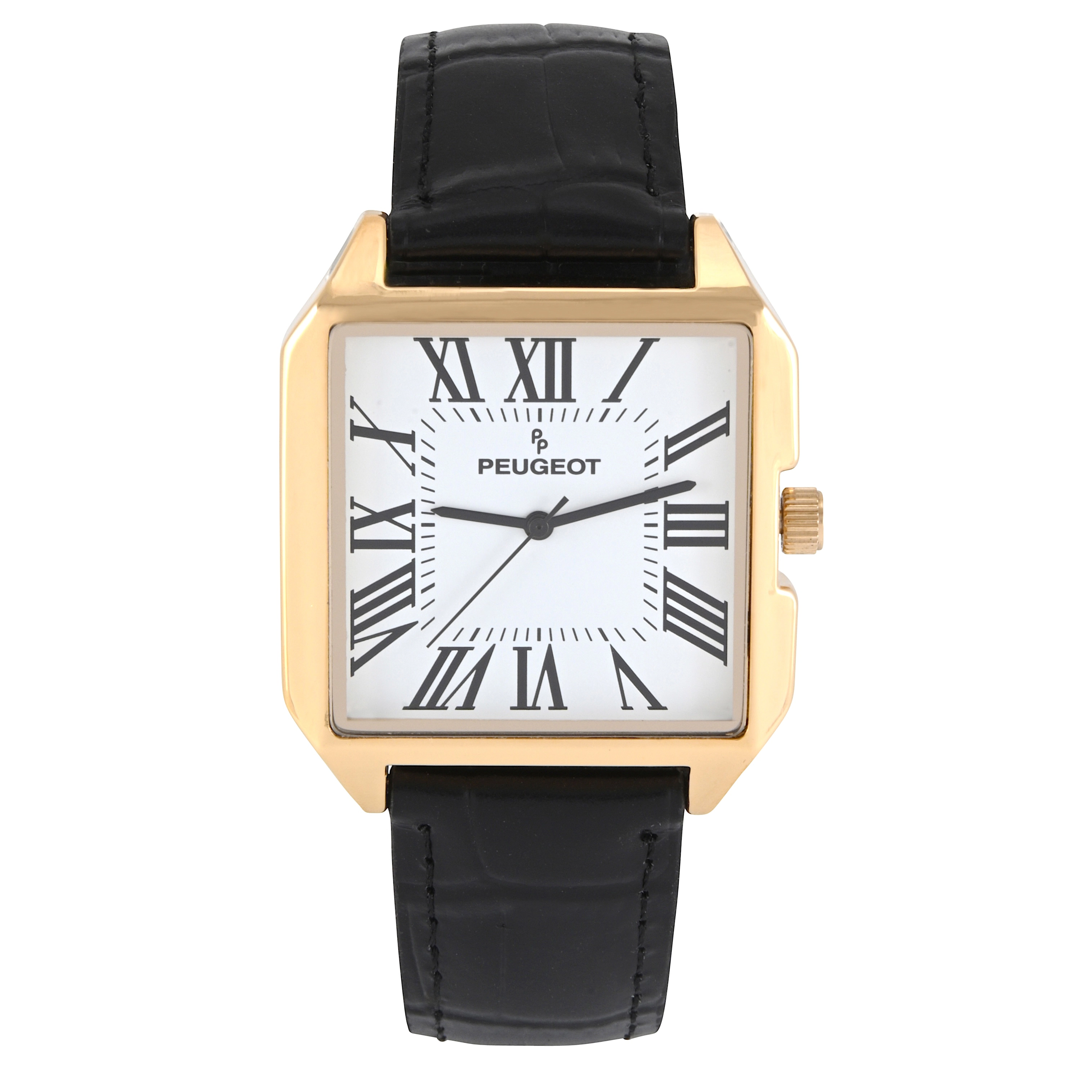 Peugeot Men's 14K Gold-Plated Square Vintage Dress Watch with Roman Numeral Dial and Black Leather Strap