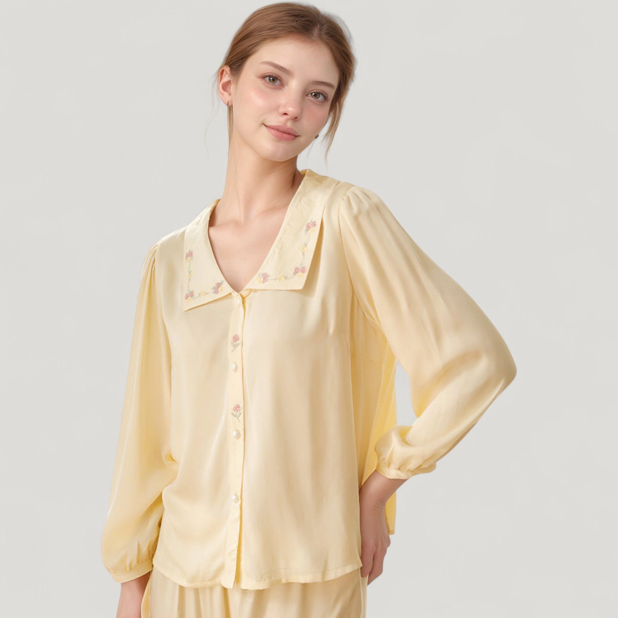 Anna-Kaci Women's Woven Two-Piece Pajama Set with Embroidered Sailor Collar and Button Down Top
