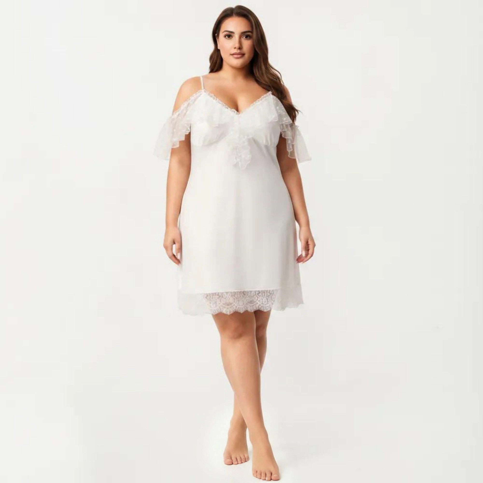 Anna-Kaci Women's Plus Chiffon Chemise Ruffle Sleeve Lace Trim Nightgown Adjustable Strap Sleep Dress