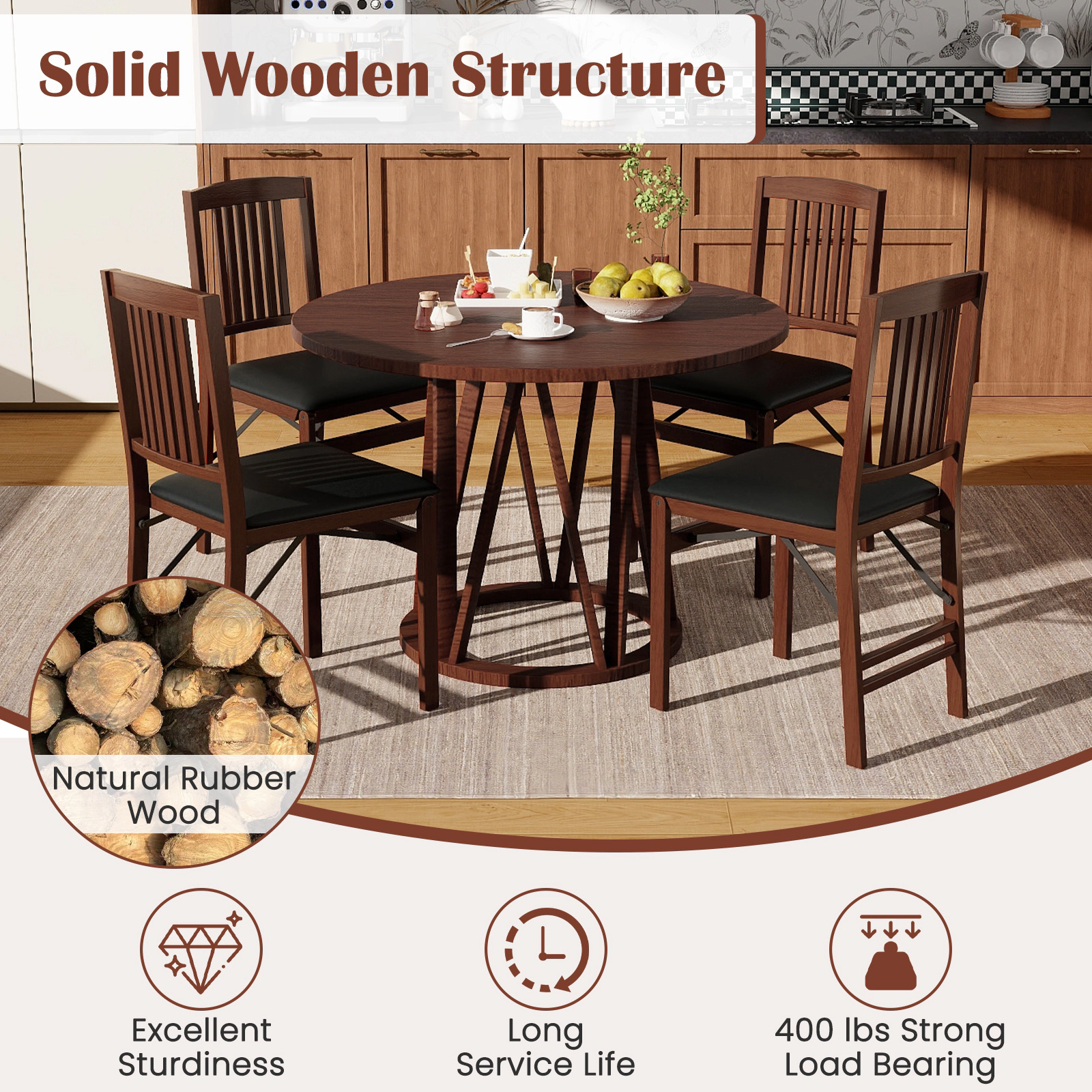 SUGIFT Set of 2 Foldable Upholstered Kitchen Chairs with Padded PVC Seat 420-Lb Capacity Brown + Black