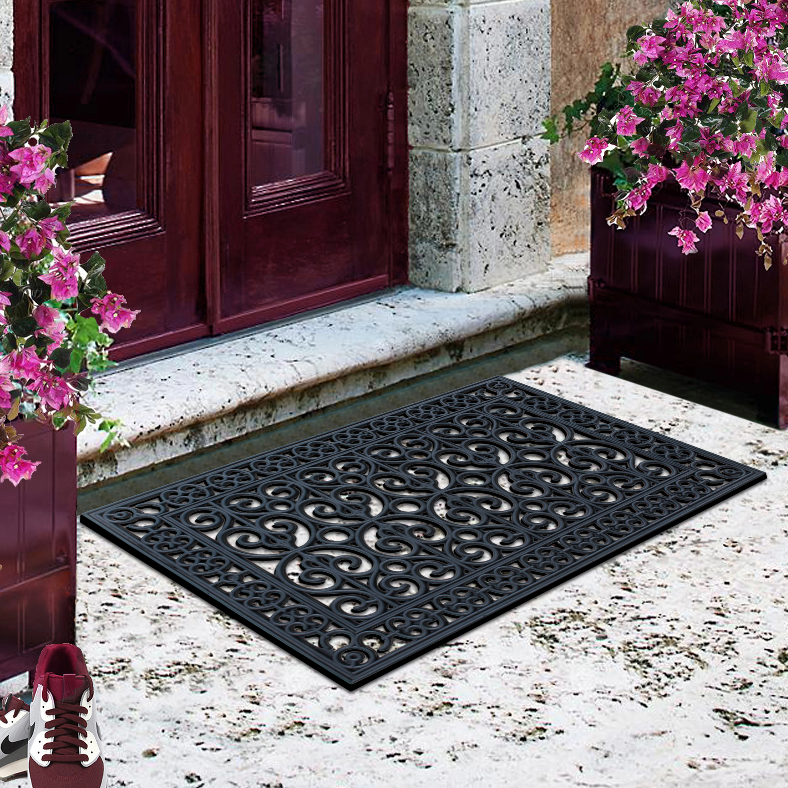 A1 Home Collection 9 lb Heavy Duty Rubber Doormat Non-Slip Outdoor Dirt Scraper Mat, Black Paisley, 24 x 36 Inches