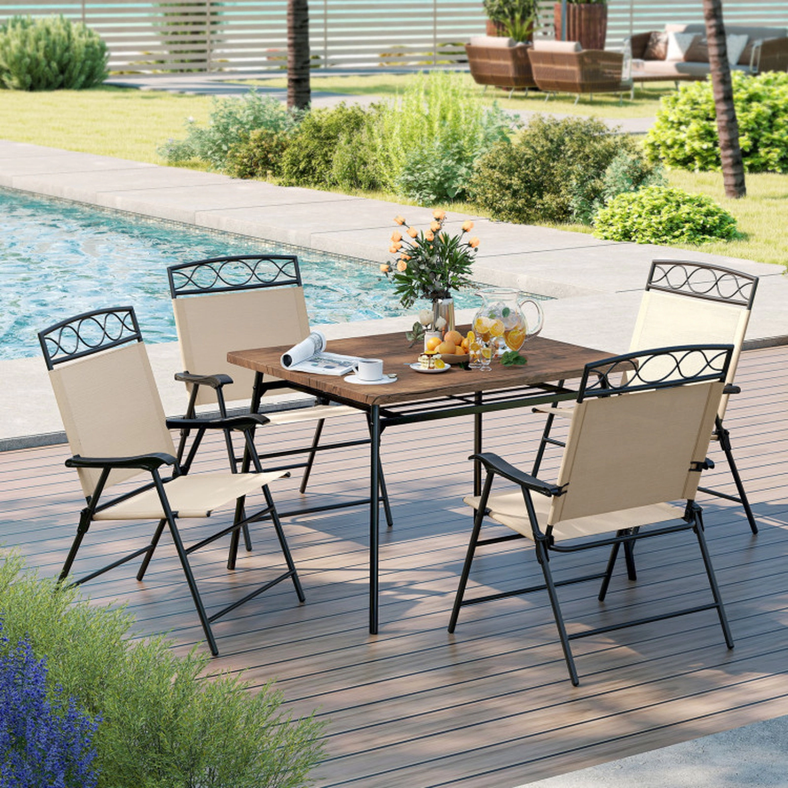 SUGIFT Set of 4 Folding Curved Armrests Metal Frame Patio Dining Chairs 25.5-in x 24-in x 36-in 330-lb Capacity Beige