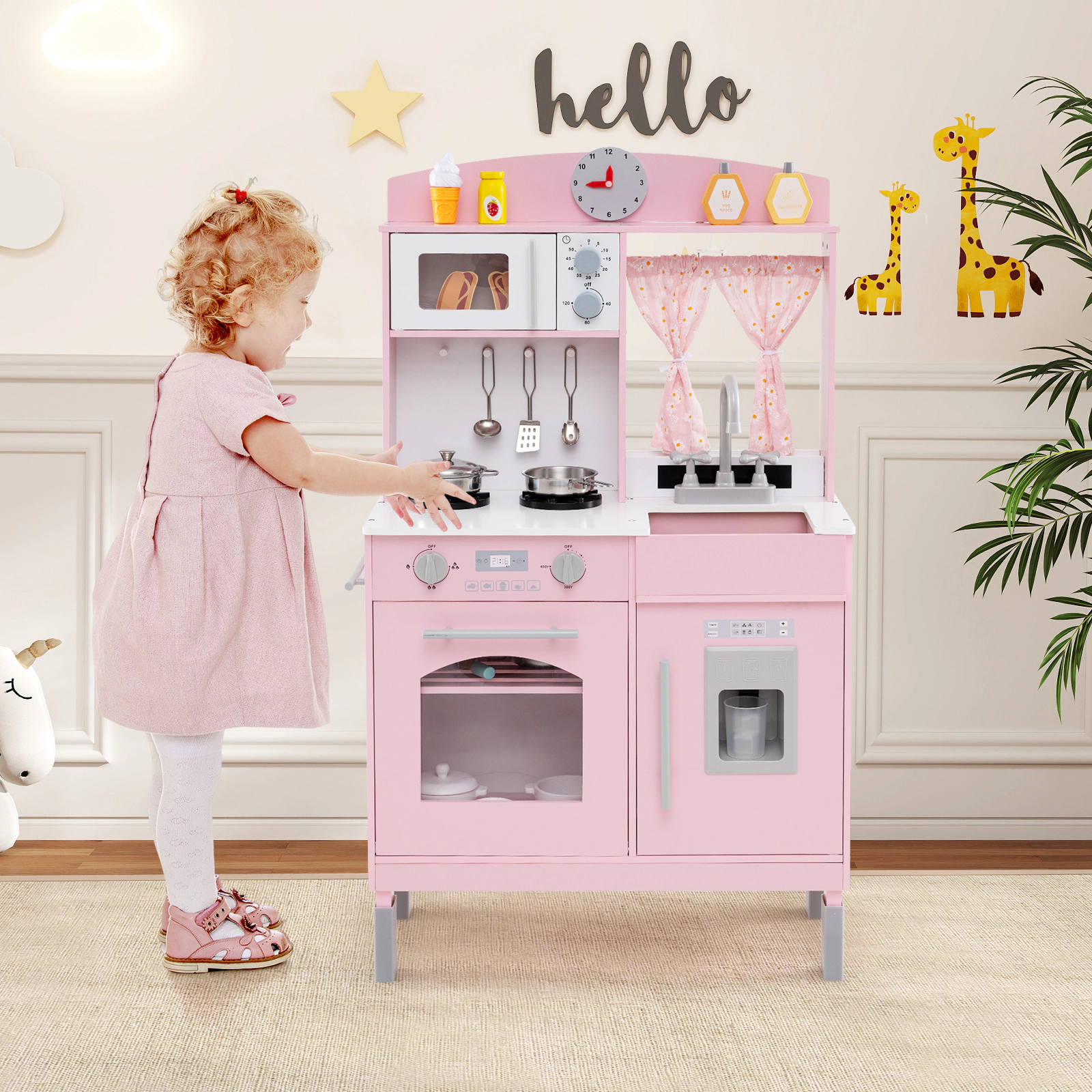 Play Kitchen for Kids 3 Adjustable Heights Ice Maker Microwave Curtains 25-in Wooden Chef Pretend Playset Ages 3+ Pink