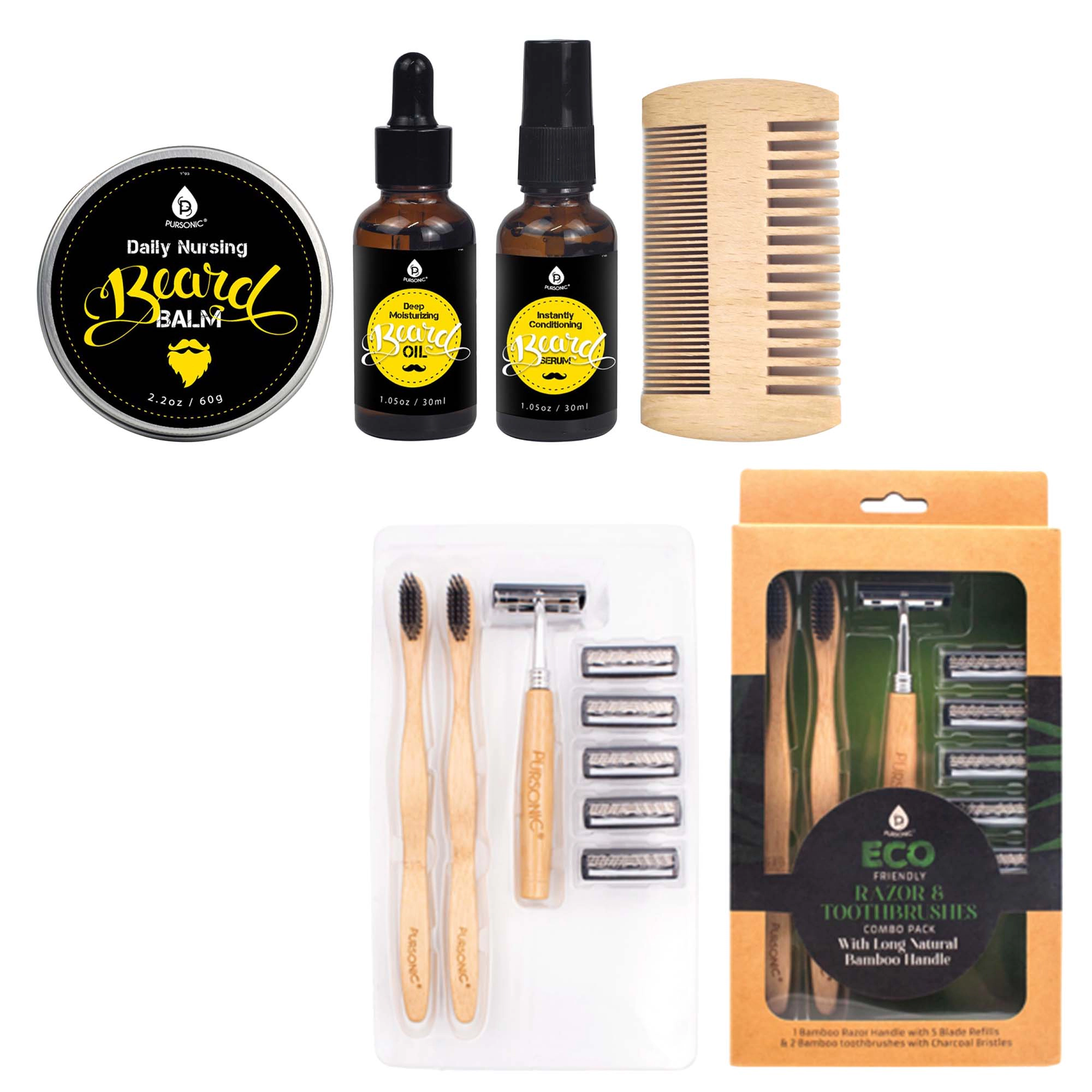 Pursonic Men's Grooming & Eco-Friendly Personal Care Bundle Beard Care Grooming Kit & Bamboo Razor Toothbrush Combo Pack
