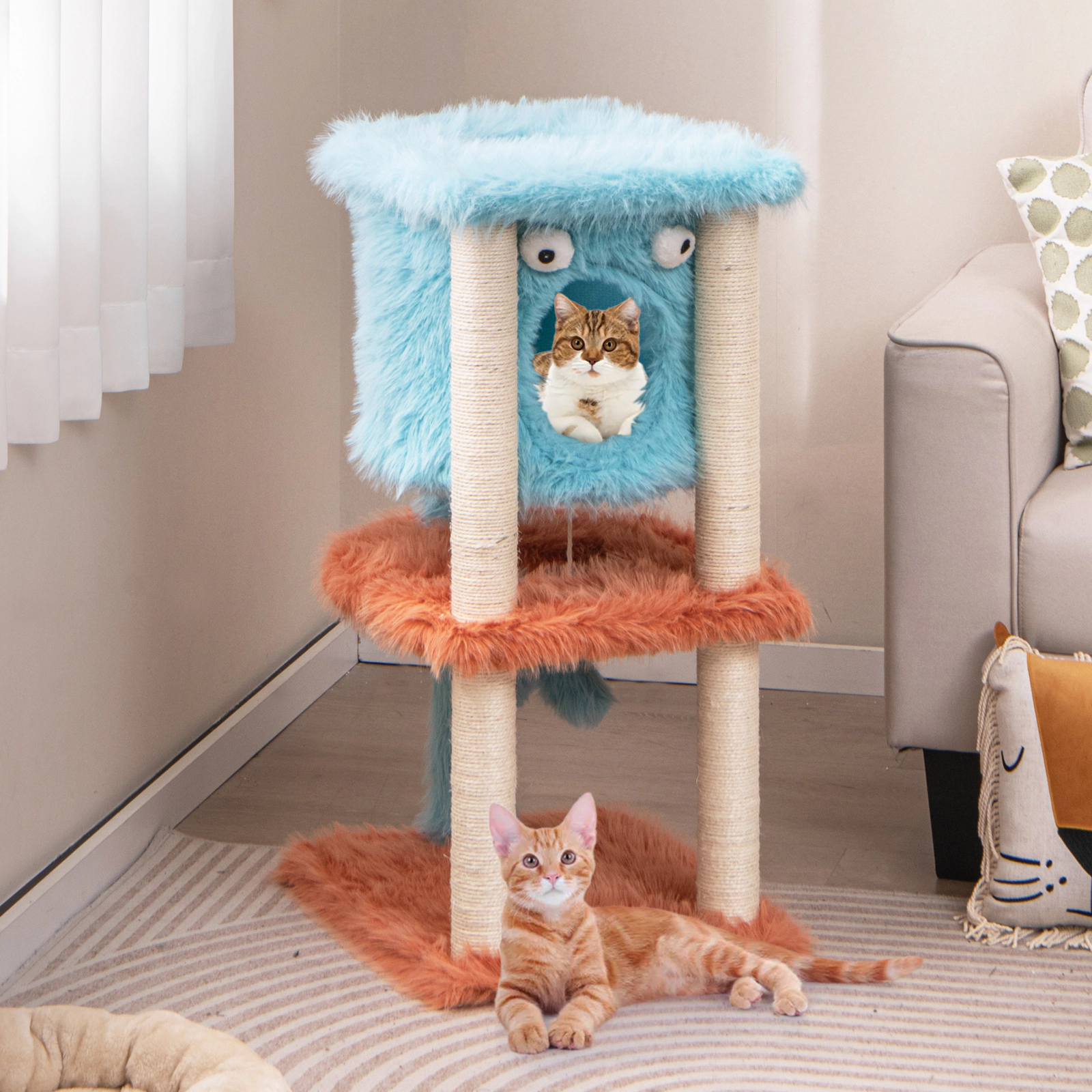 SUGIFT Blue Monster-Themed Cat Tower with Hanging Condo and Long Plush Cover