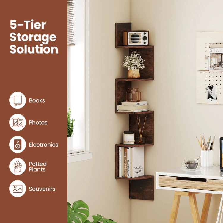 Hivvago Floating Corner Shelf with 5 Open Tiers and Wall-Mounted Design