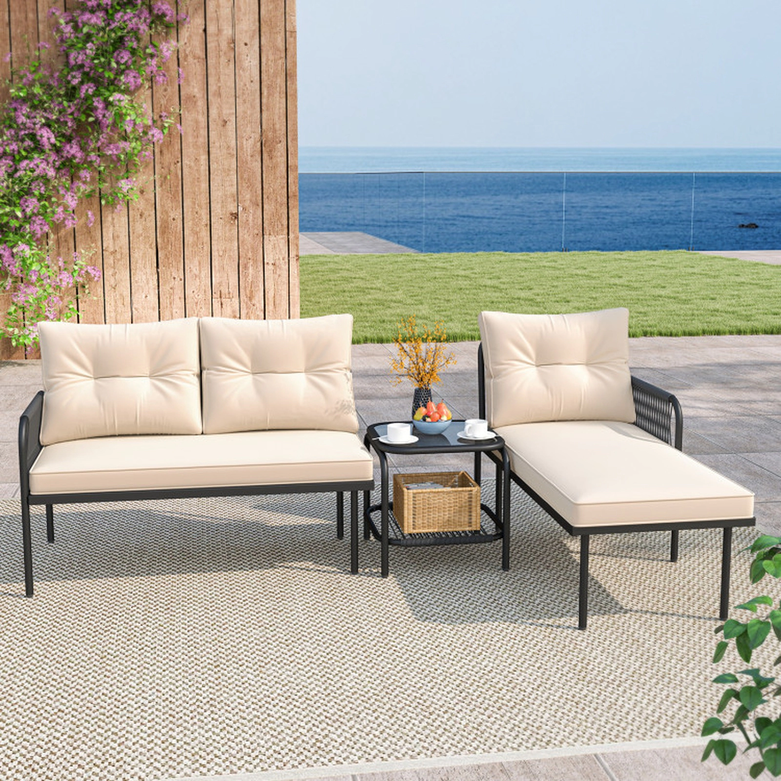 SUGIFT 3-Piece Beige L-Shaped Patio Sectional Set with Coffee Table 68-in W 48-in D 30-in H 660-lb Sofa Capacity