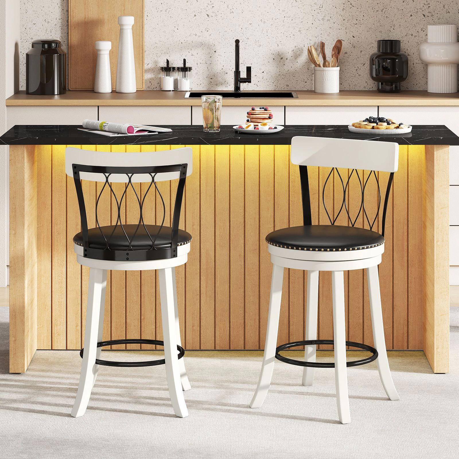 SlickBlue Set of 2 Black White Kitchen Island Chairs with 360° Swivel Cushion Seat