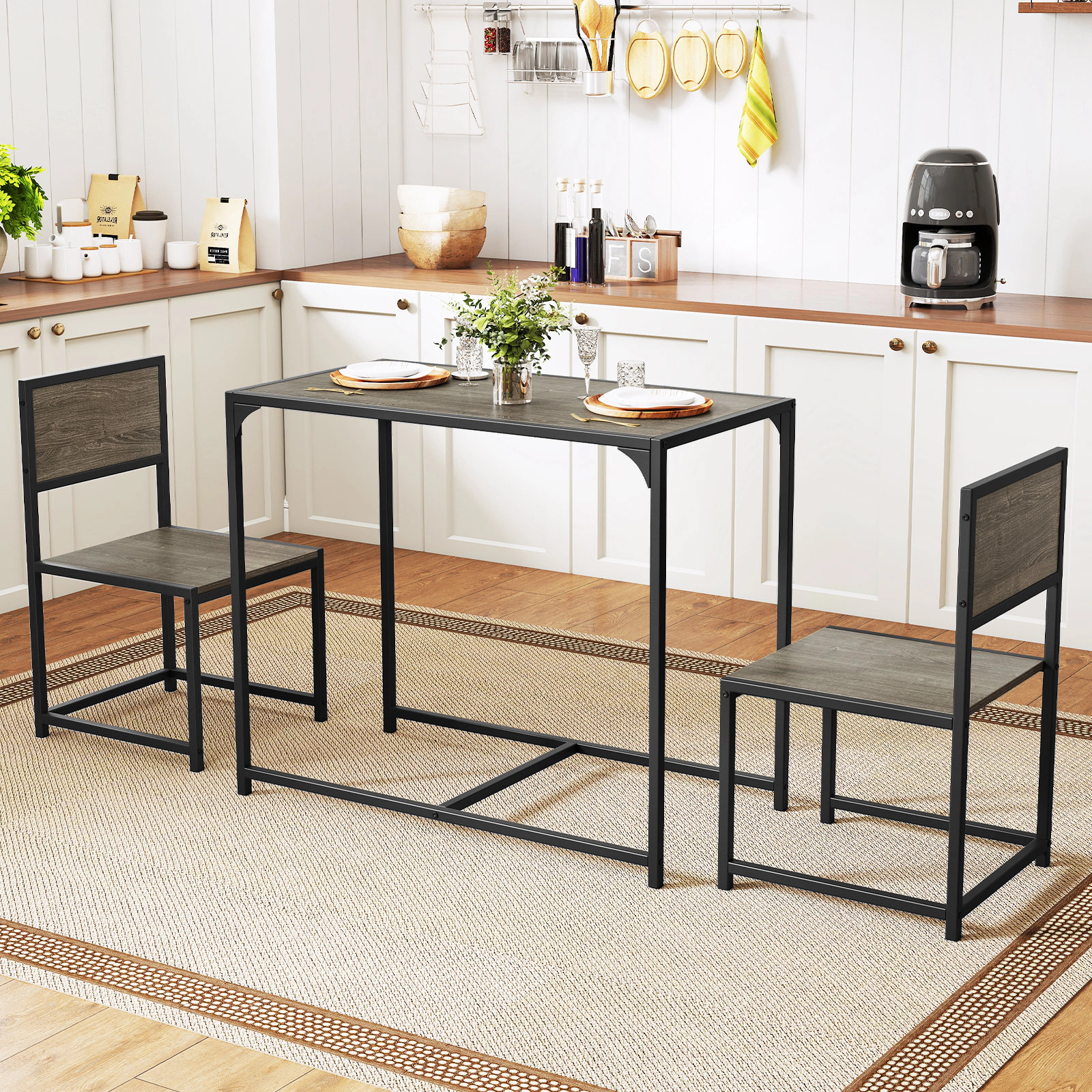 SUGIFT 3-Piece Compact Dining Set, Rustic Brown Table with 2 Armless Chairs