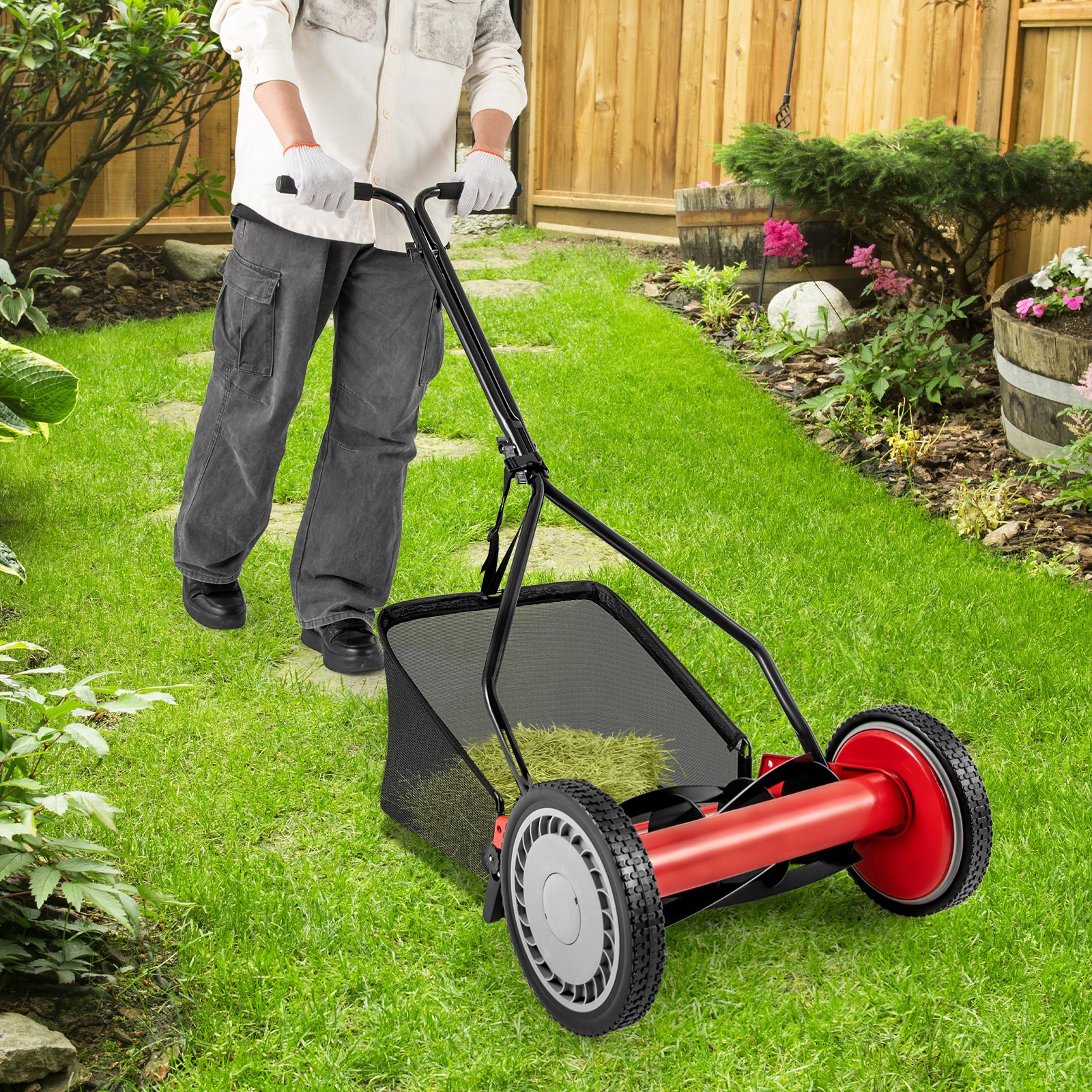 SUGIFT 14 in Push Reel Lawn Mower Red with 5 Steel Blades and 7 Gallon Grass Bag