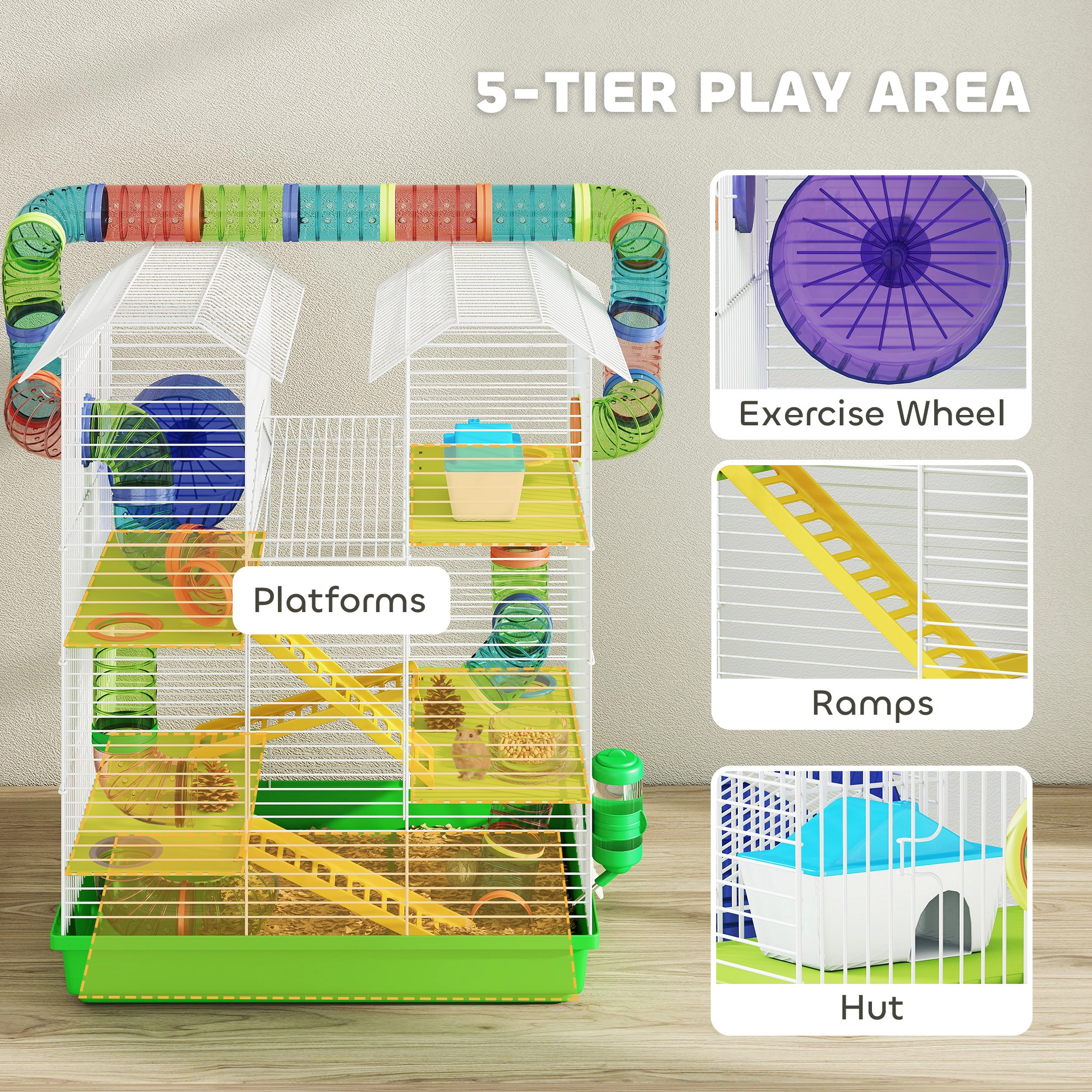 HONGGE 18.5" 5 Tier Hamster Cage with Tubes and Tunnels Small Animal Rat Gerbil Water Bottle Food Dish