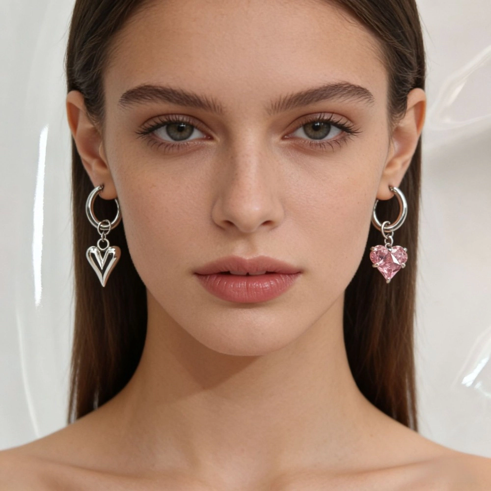 Women Asymmetric Heart Charm Huggie Hoop Earring