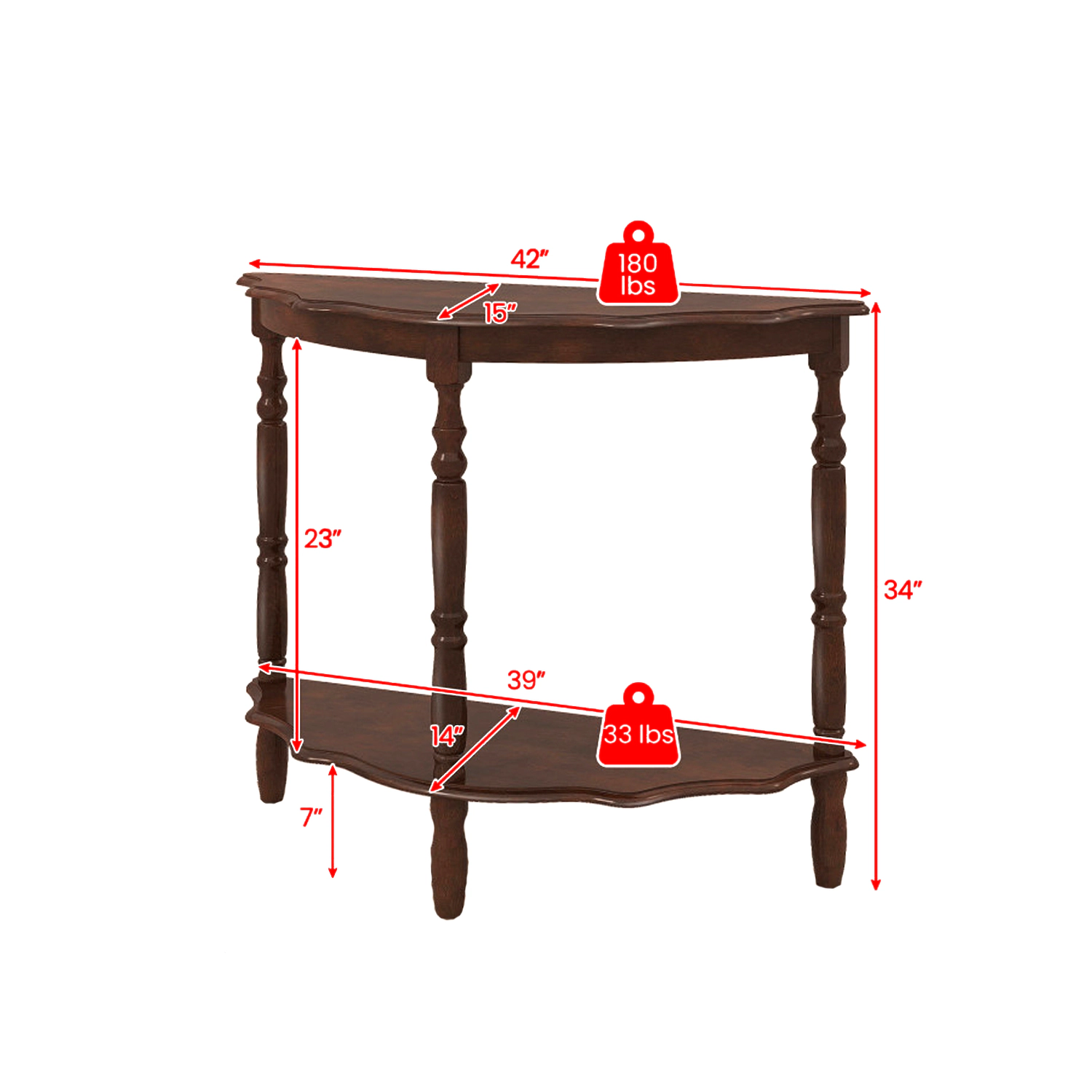 Hivvago Elegant Semi-Circle Hall Table with Storage Shelf and Rubberwood Supports