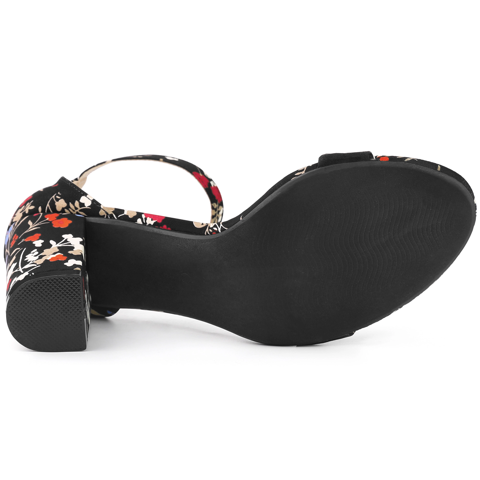 BLISSFUL STEP Women's Floral Print Open Toe Block High Heels Summer Sandals