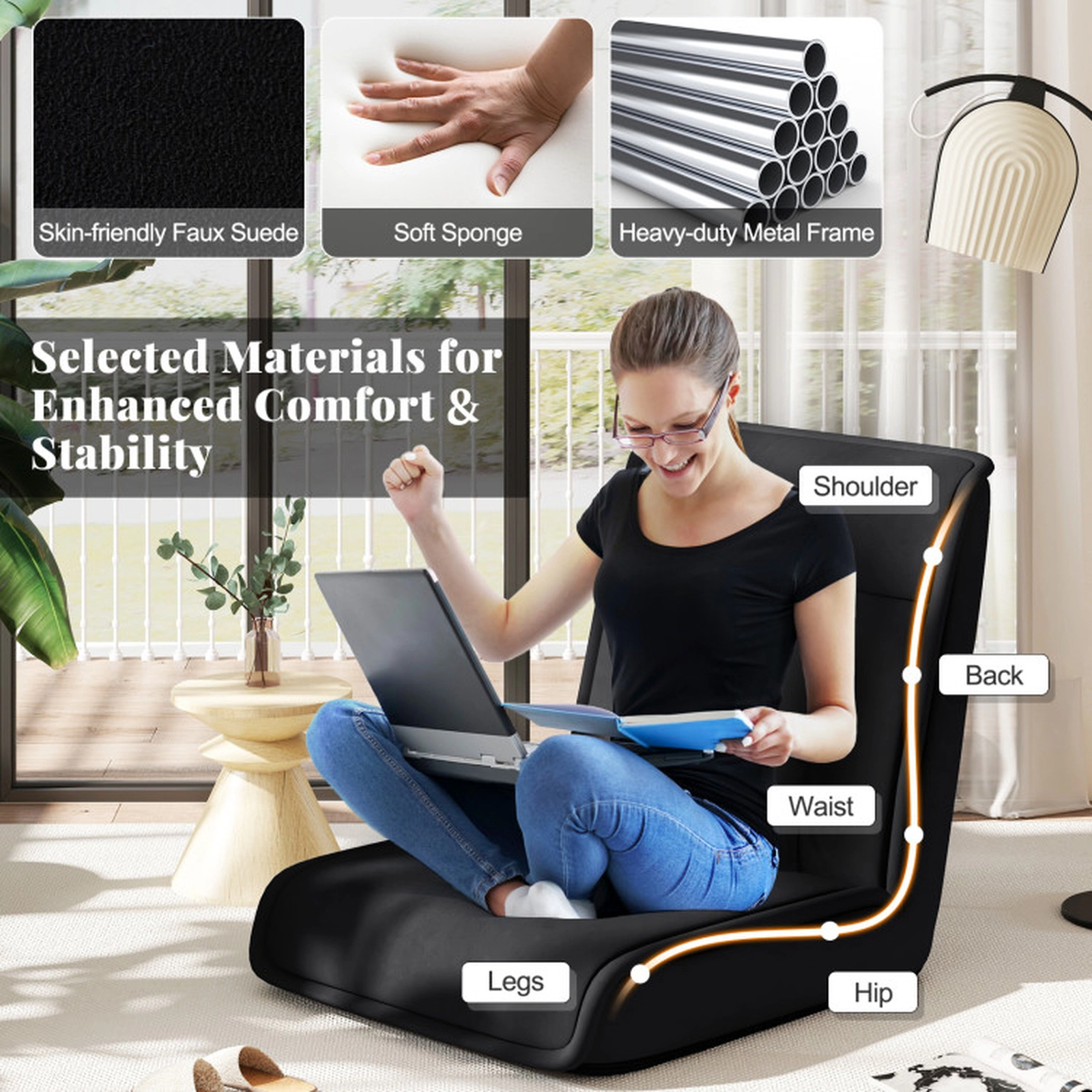 SUGIFT 3-in-1 14-Position Adjustable Headrest Faux Suede Convertible Floor Chair 56.5-in x 25-in 330-lb Capacity Black