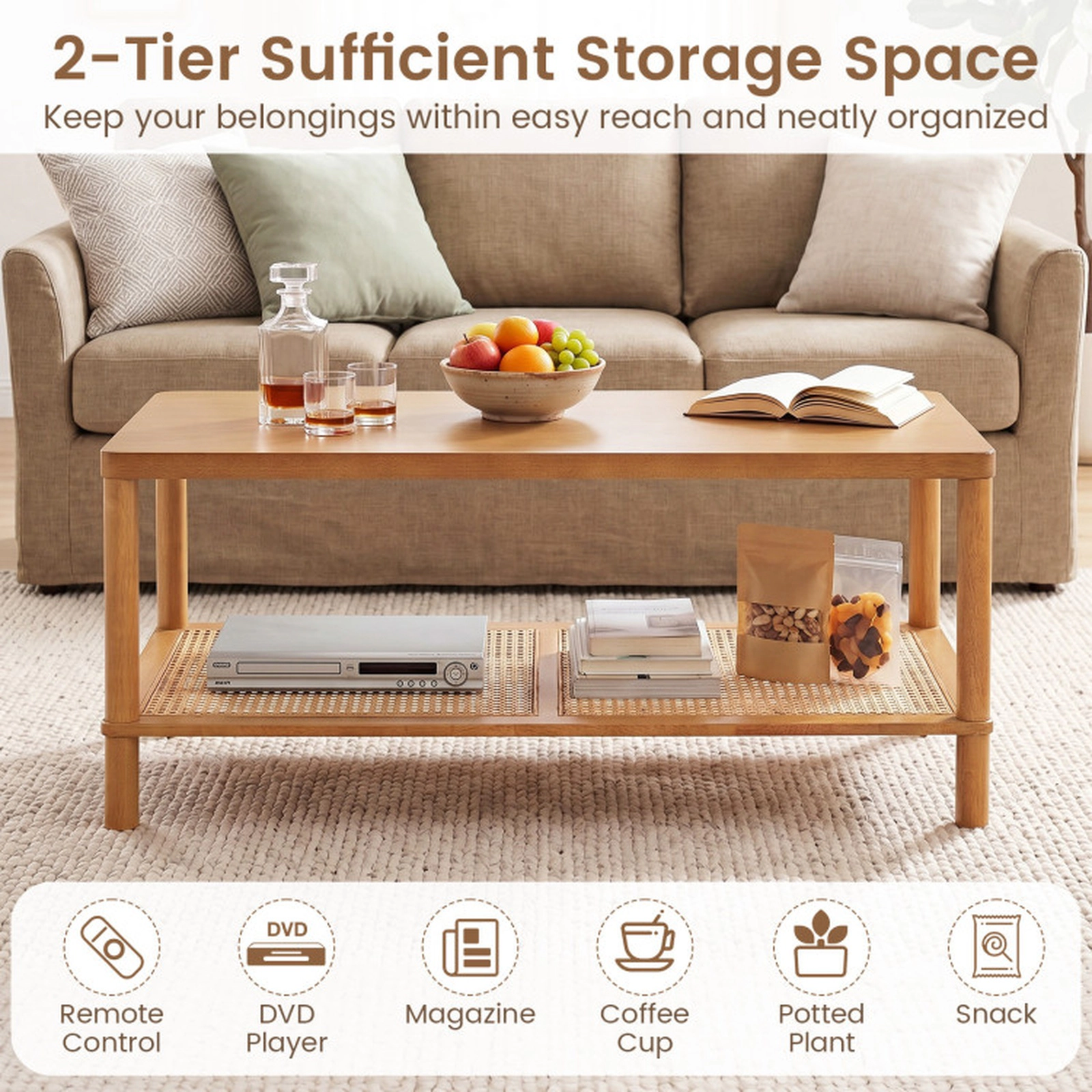 SUGIFT 39-in 185-lb Capacity 2-Tier Rustic Boho Rectangular Coffee Table with Woven PVC Rattan Shelf