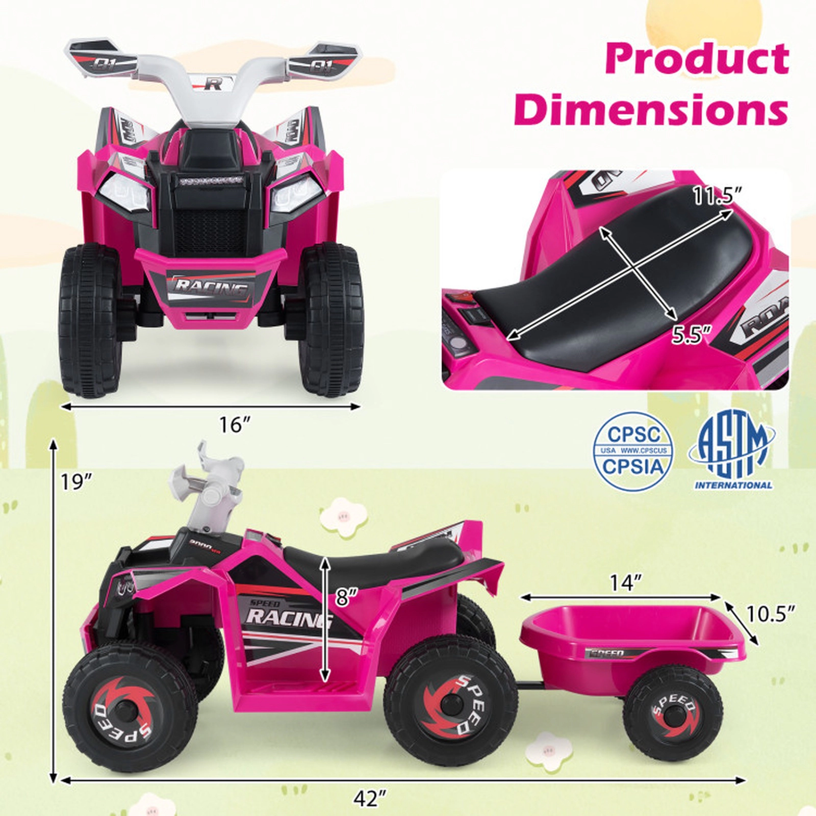 SUGIFT 6V Kids Electric ATV Quad Car with Detachable Trailer 66-lb Capacity Ages 3+ Ride-On 41-in Long Rose Red