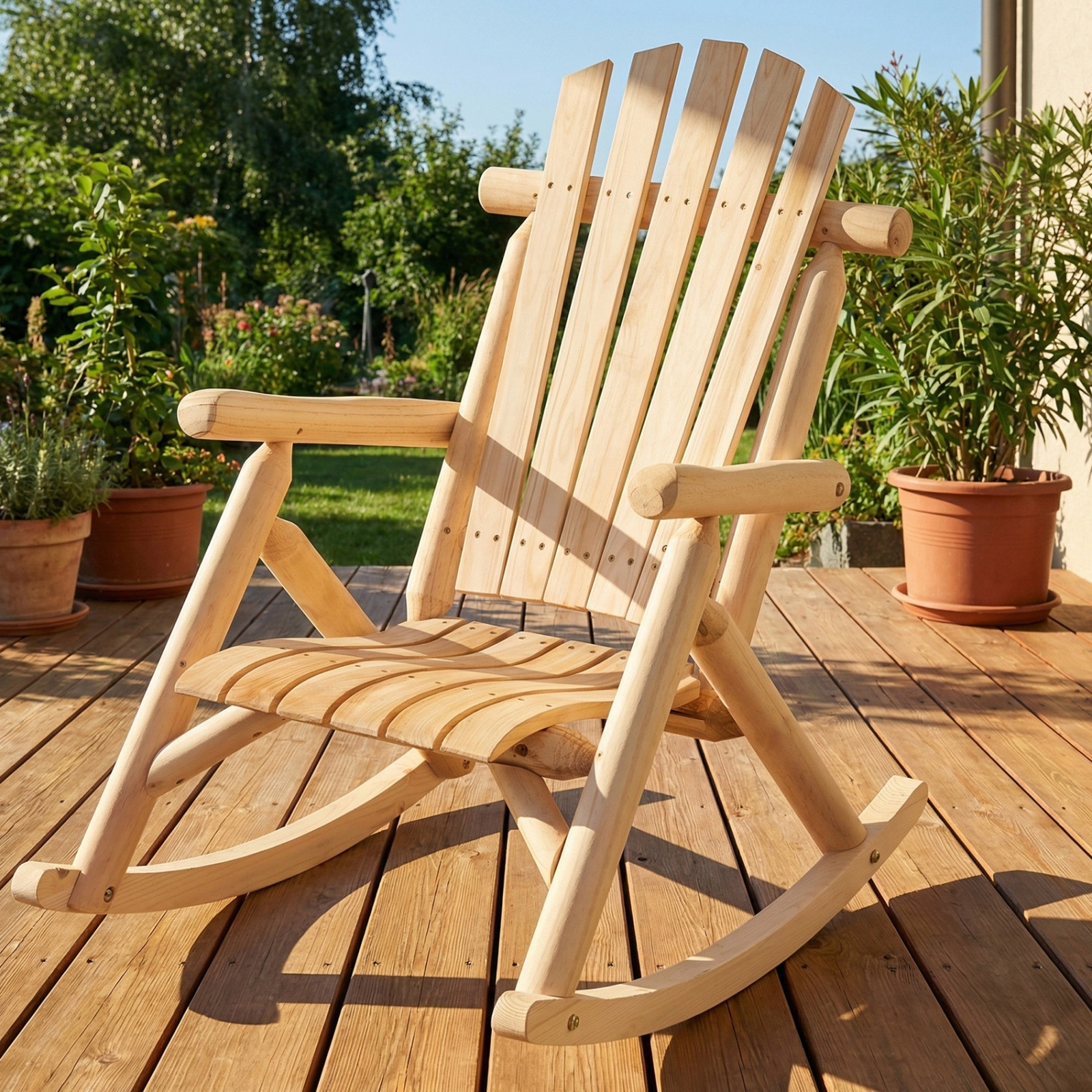 SUGIFT Natural Wood Porch Rocking Chair, Fir and Pine, Fanned High Back, Curved Seat, 330 lb Capacity