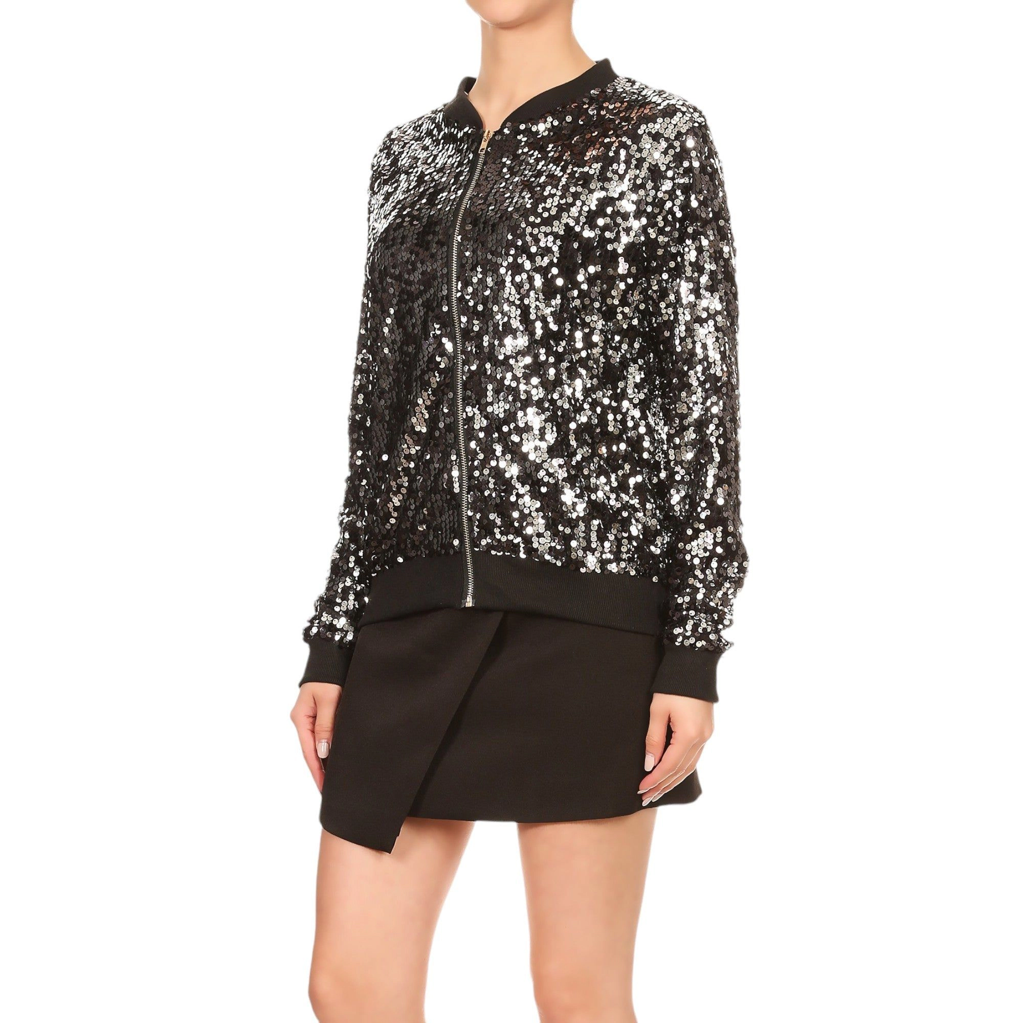 Anna-Kaci Women's Sequin Shiny Bright Color Bomber Zip-Up Solid Jacket
