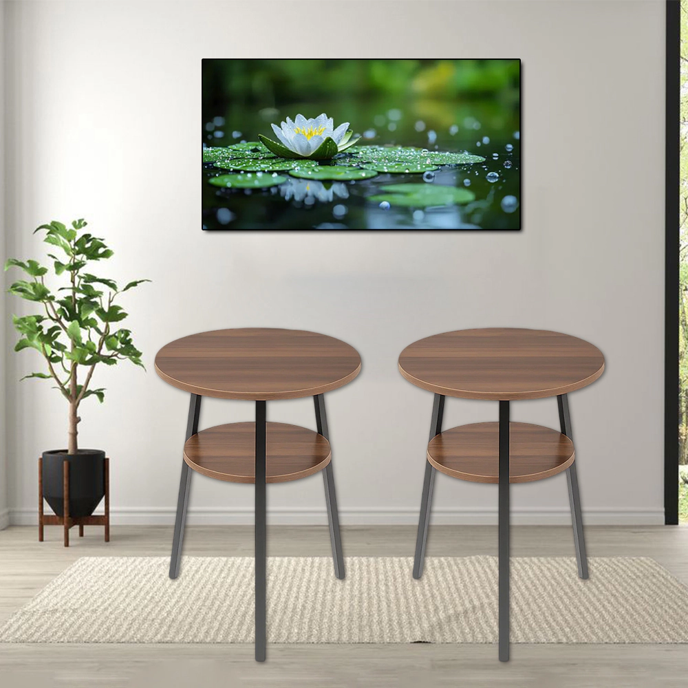 Hivvago Set of 2 Round Two-Tier Side Tables with Open Storage Shelf and Sturdy Triangular Metal Base
