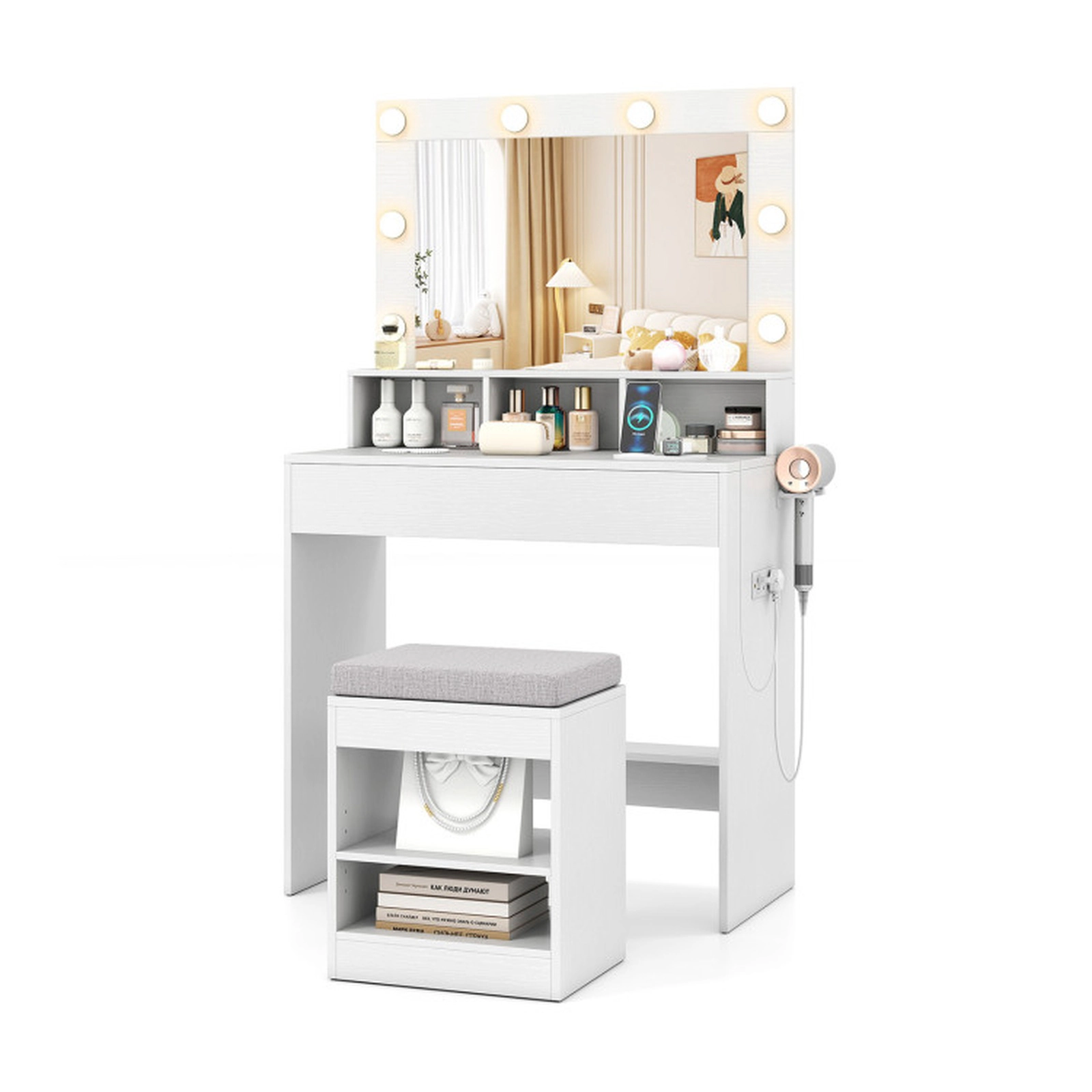 SUGIFT 2-Piece 31.5-Inch Vanity Desk Set with Lighted Mirror, Stool and Charging Station