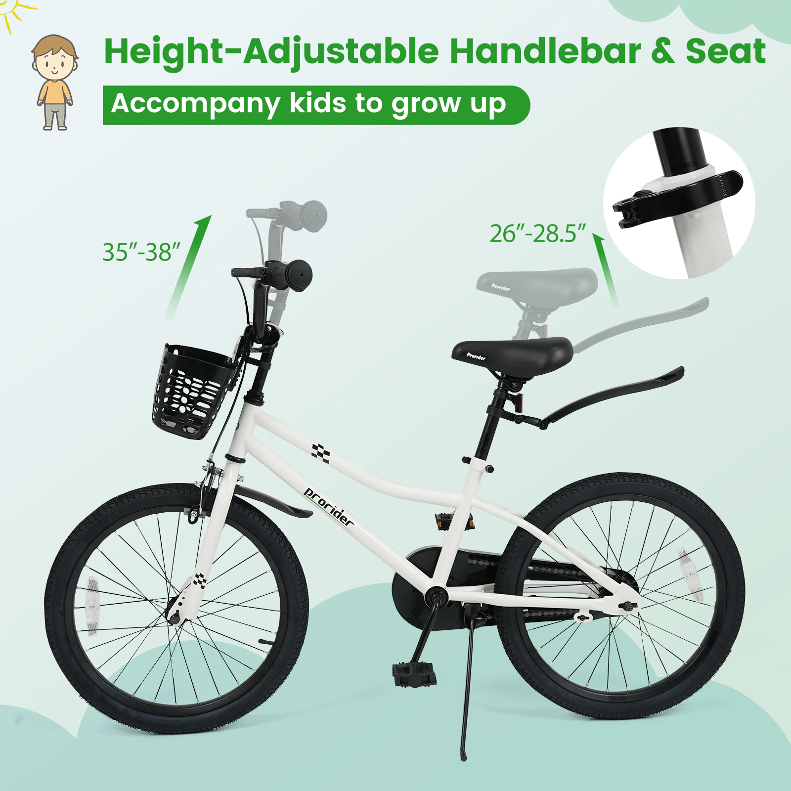 SUGIFT Adjustable 20-In Kids Bike with Hand and Coaster Brakes 143-lb Capacity Ages 8+ White with Basket and Kickstand