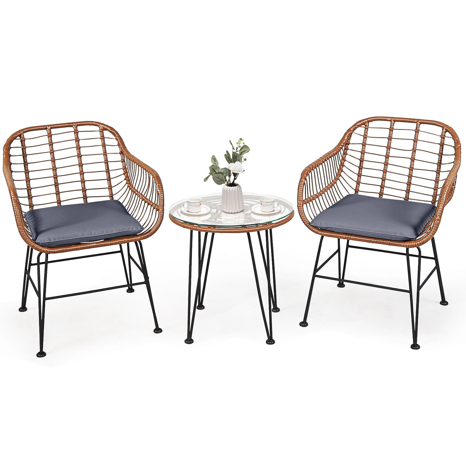 LJG 3 Pieces Patio Rattan Bistro Set with Cushion