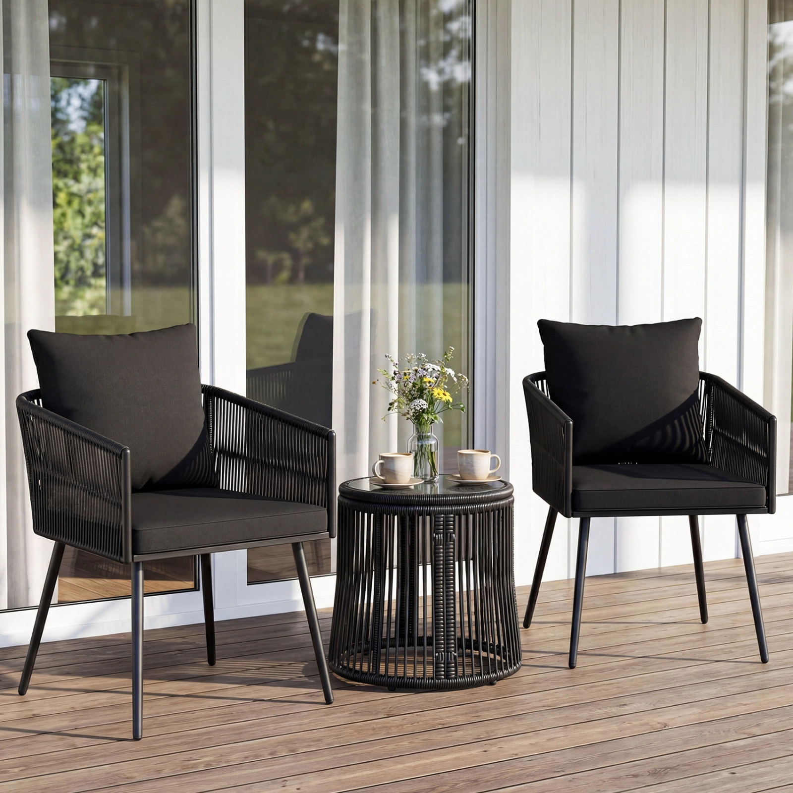 SUGIFT Side Table and Cushions 3-Piece Black Round Wicker Patio Chair Set