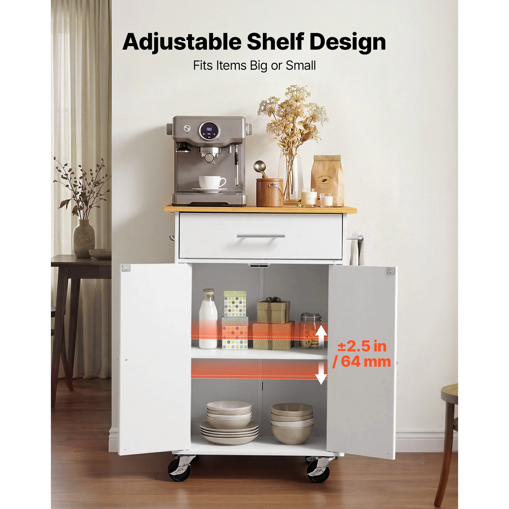 HONGGE Kitchen Island Cart with Storage Mobile Rolling Storage Island on Swivel Wheels with Drawer Storage Cabinet Rack