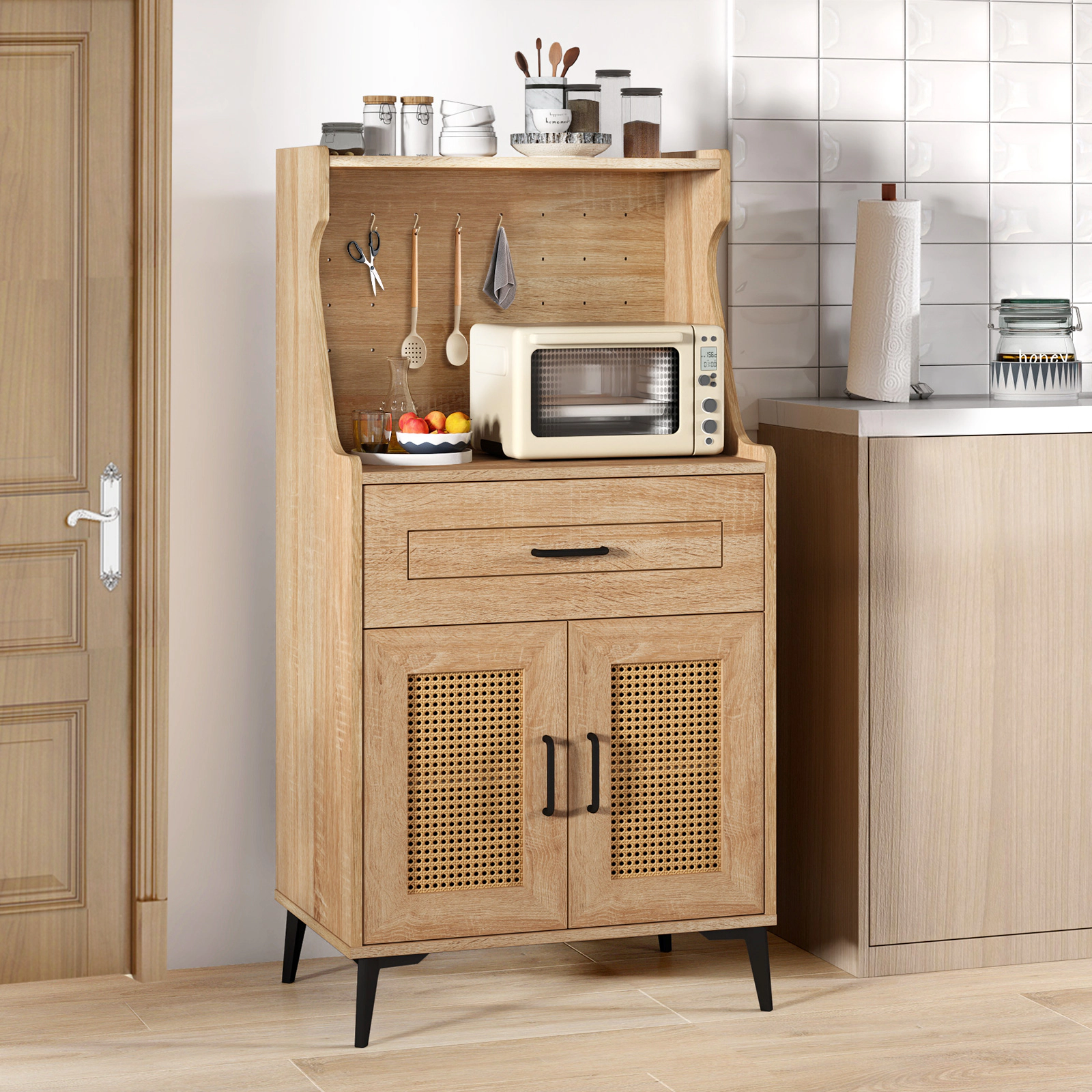 SUGIFT 45.5-in Pegboard Back Rattan Doors Adjustable Shelves Coffee Bar Cabinet 23.5-in x 15.5-in 200-lb Capacity Oak