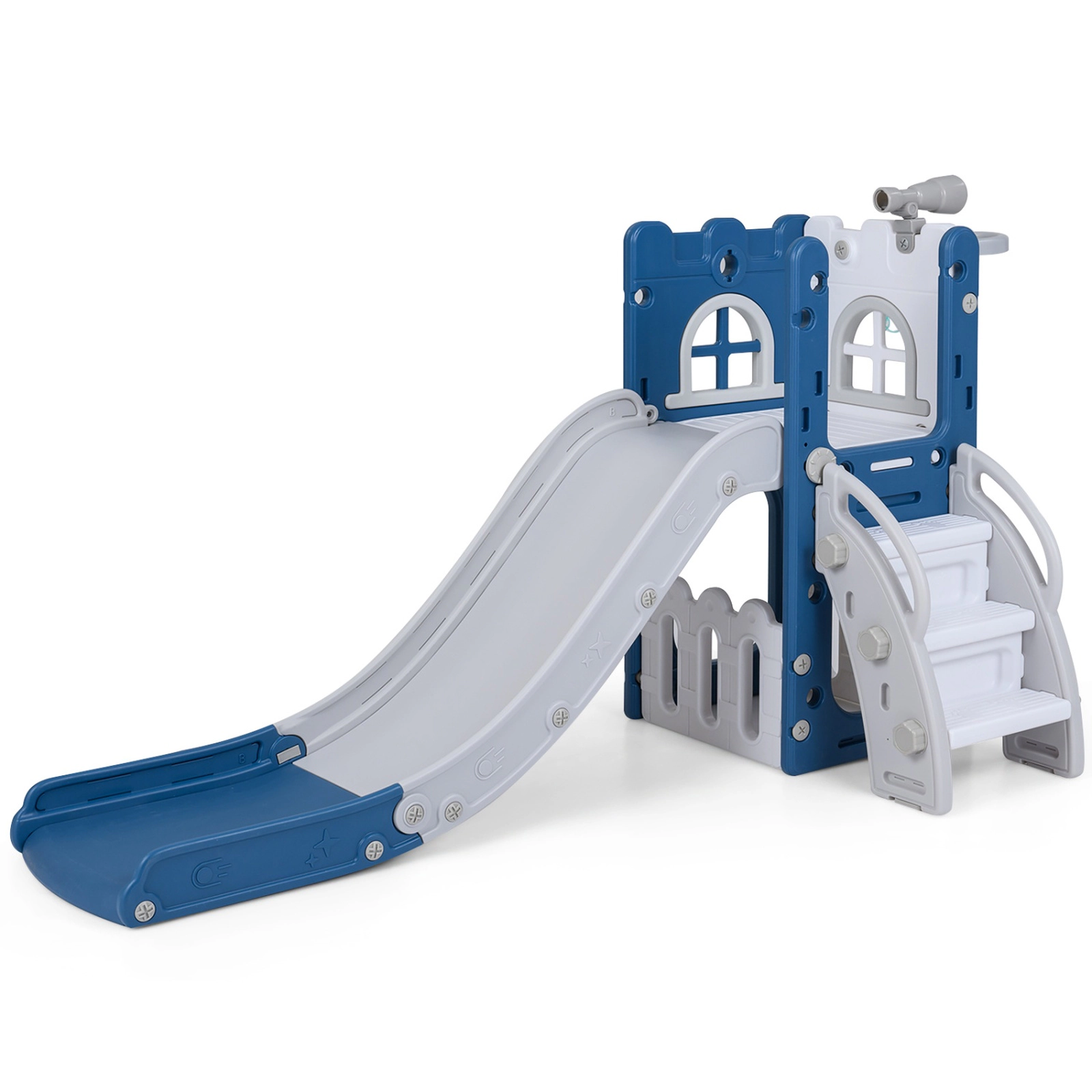 SUGIFT Blue Basketball Hoop and Ladder 6-in-1 Toddler Slide L-Shaped Playground