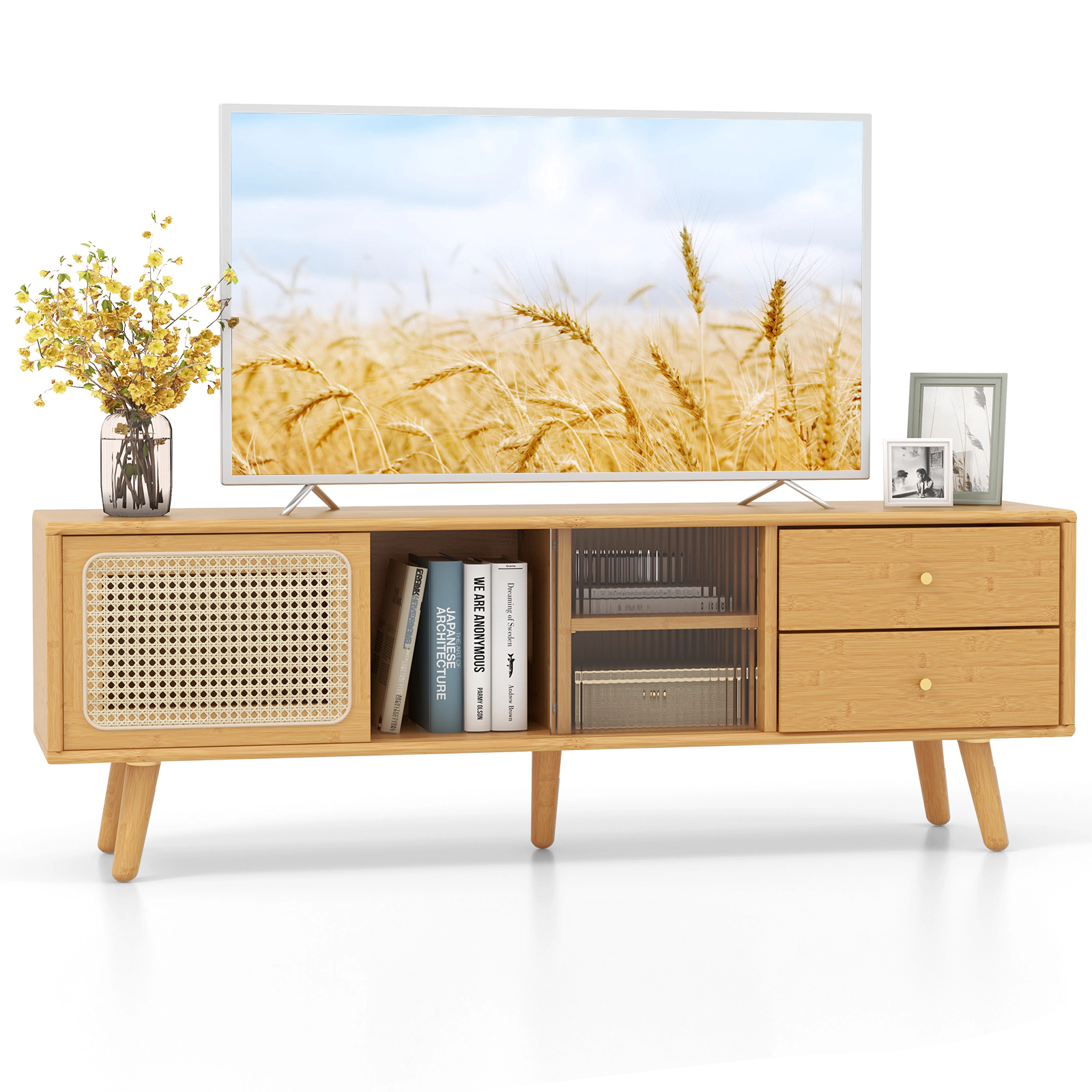 SUGIFT Bamboo TV Stand for TV up to 65 Inch with Storage Compartments and Drawers 155-lb Top Capacity Natural Brown