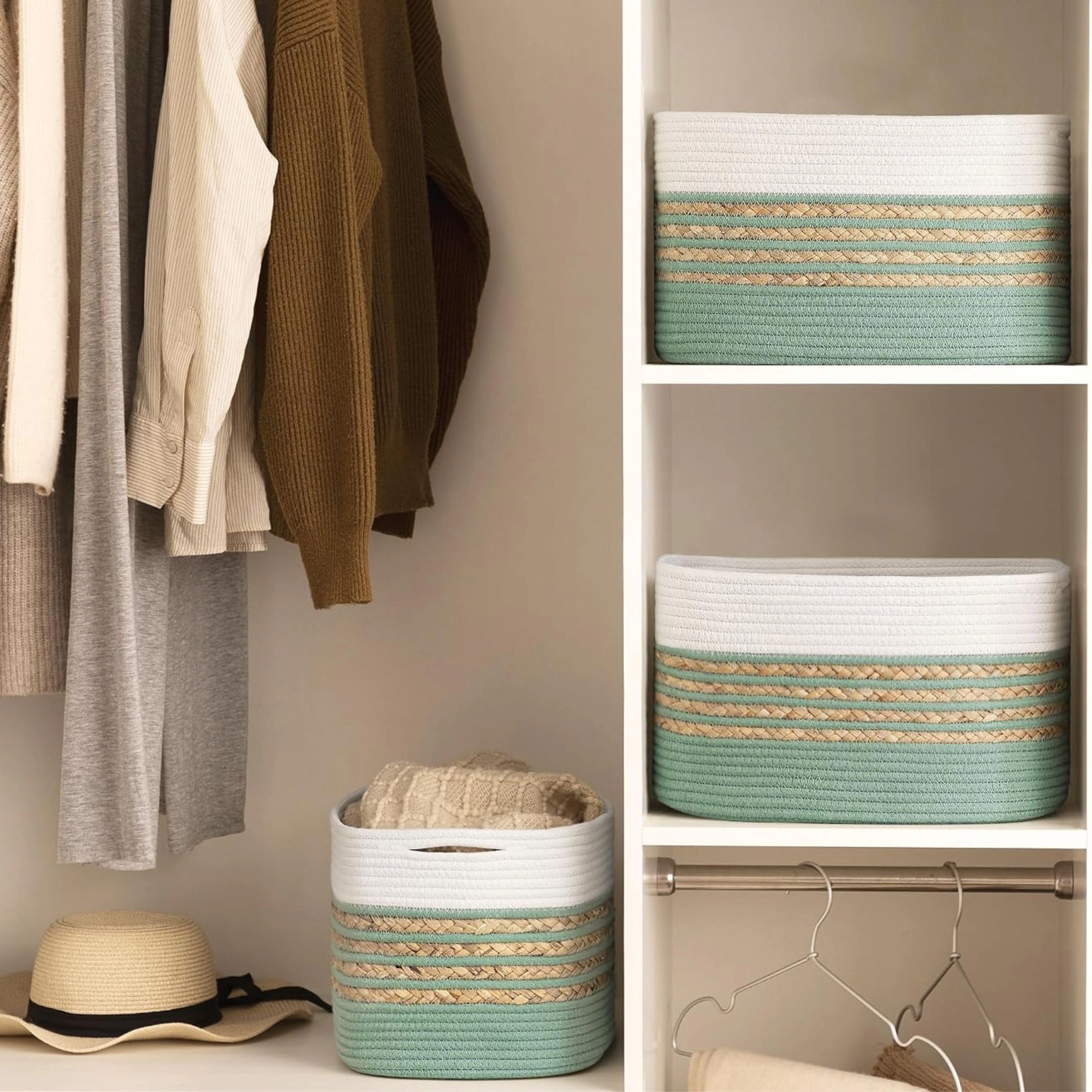 Stock Preferred Pack of 4 Rectangle Cotton Rope Storage Baskets with Handles 14 Inch