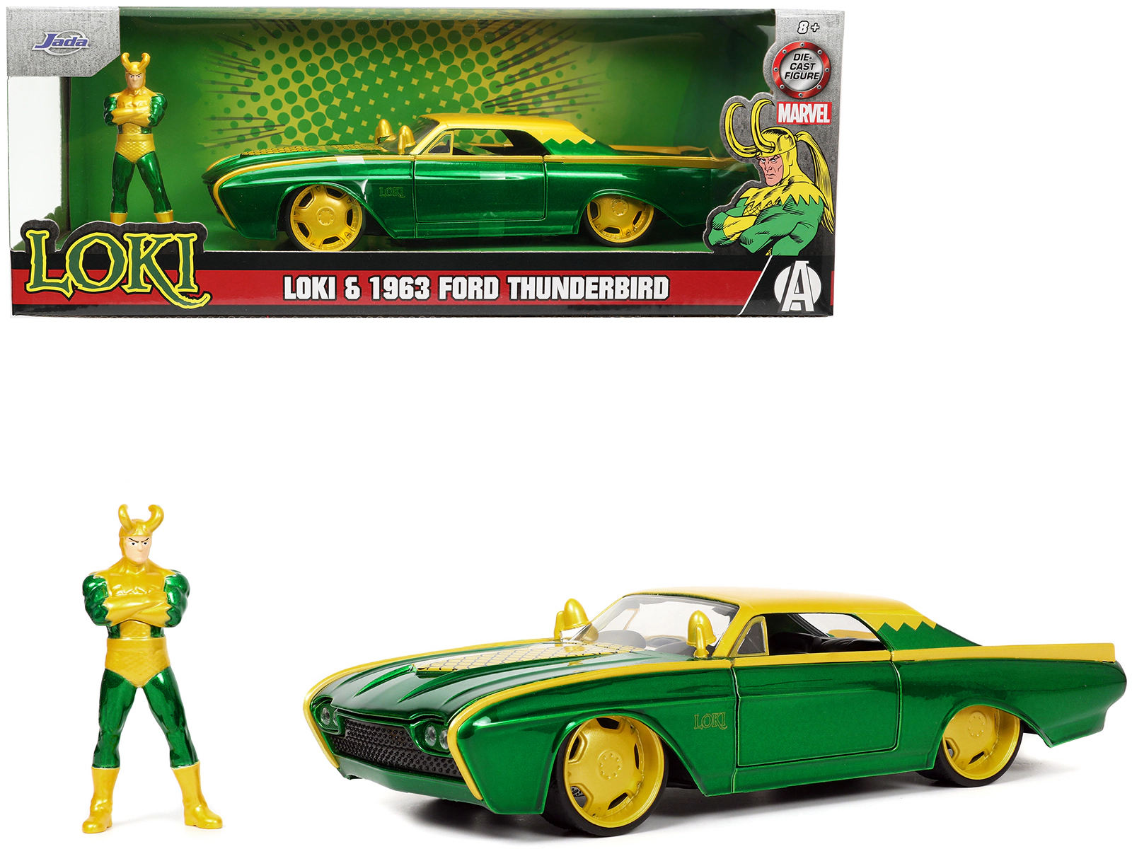 Jada 1963 Ford Thunderbird Green and Yellow Metallic with Hood Graphics and Loki Diecast Figure "Loki"