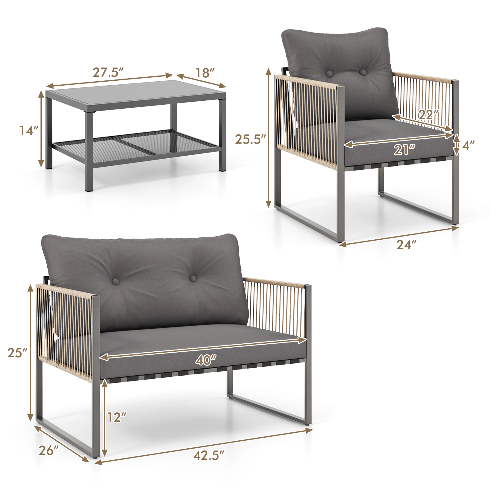SUGIFT Outdoor Conversation Sofa Set with Cushions 400-lb Chair 665-lb Loveseat Gray