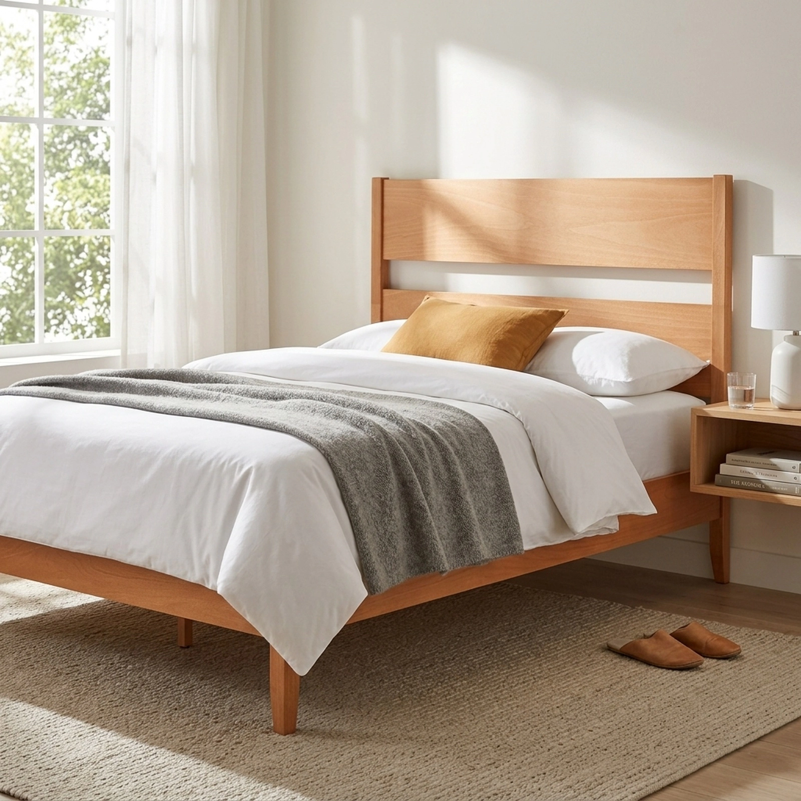 SUGIFT Full Wood Platform Bed, Panel Headboard and Footboard, 800-lb Capacity, Warm Brown