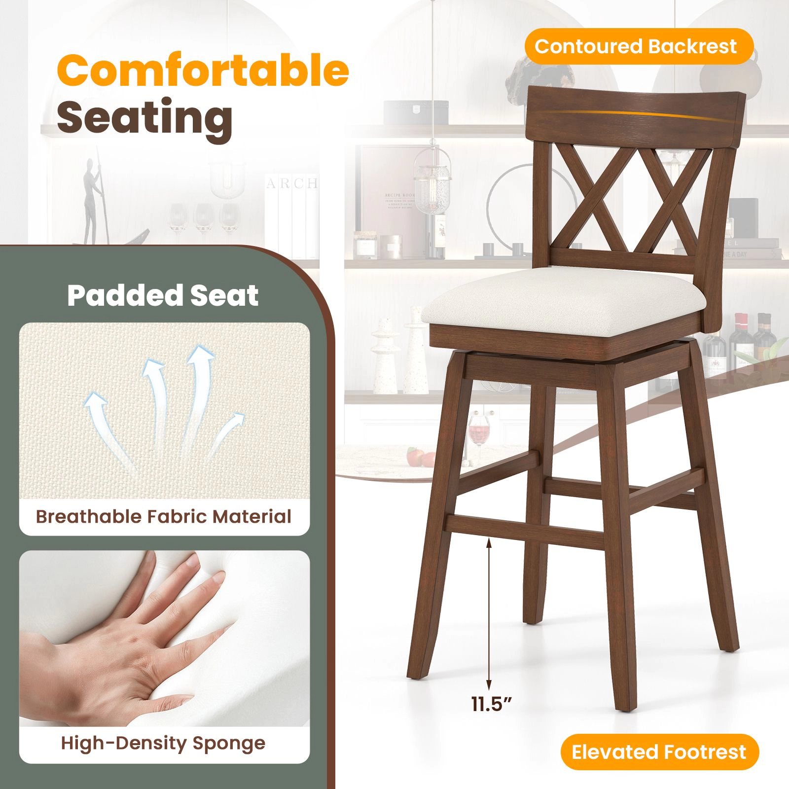 SlickBlue 31 Inch Upholstered Swivel Bar Stool with Backrest