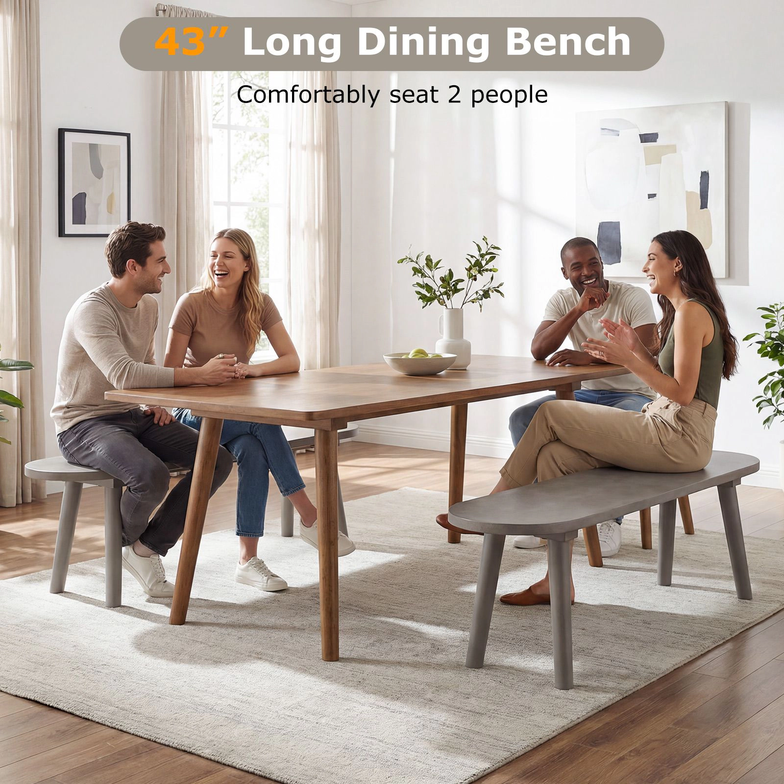 SlickBlue Wooden Dining Bench, 2 Person Seating, Rubber Wood Legs, Gray