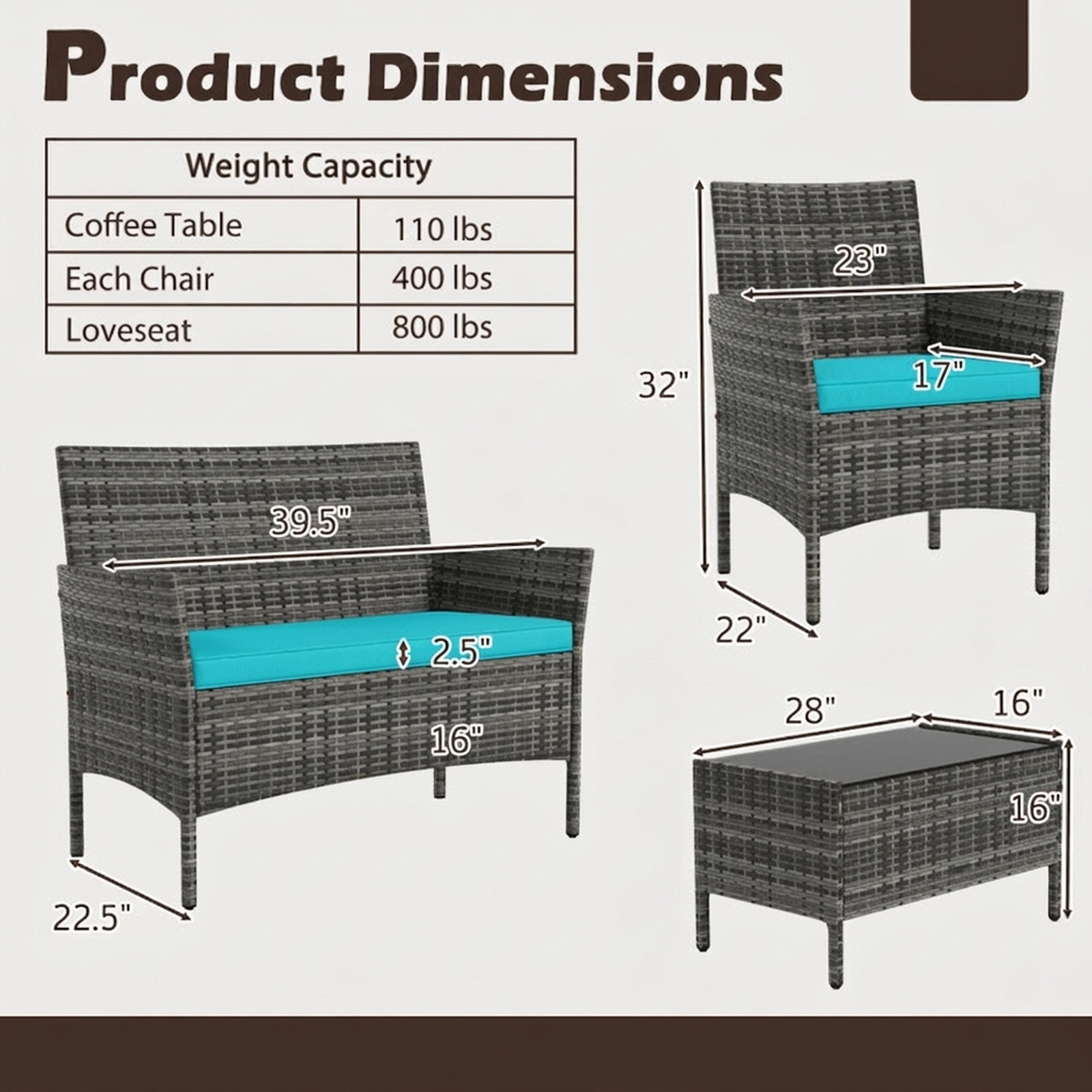 SUGIFT 4-Piece Turquoise Patio Rattan Conversation Set with Glass Table 16-in Seat H 800-lb Loveseat Capacity