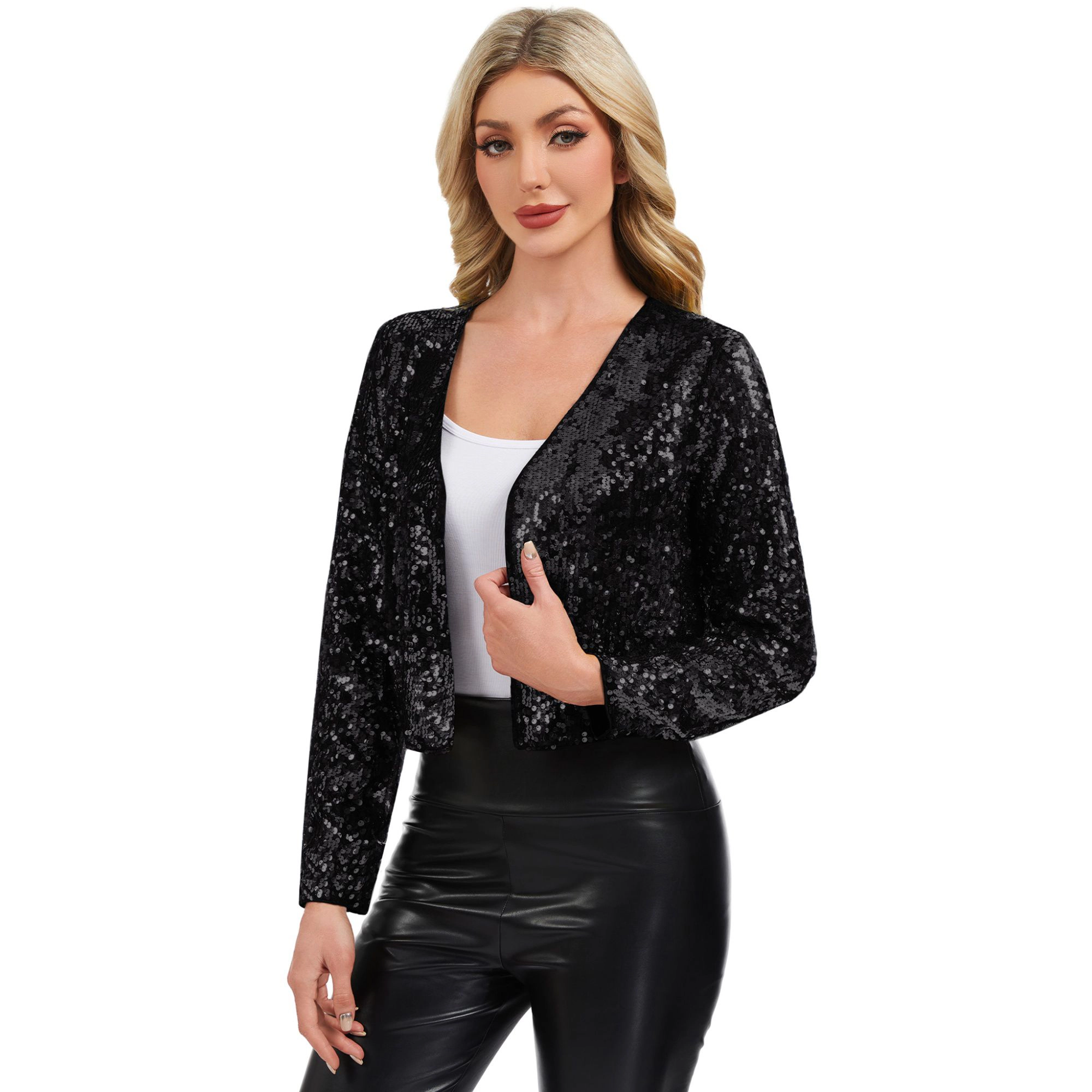 Anna-Kaci Women's Sequin Open Front Cardigan with Long Sleeves and Cropped Fit