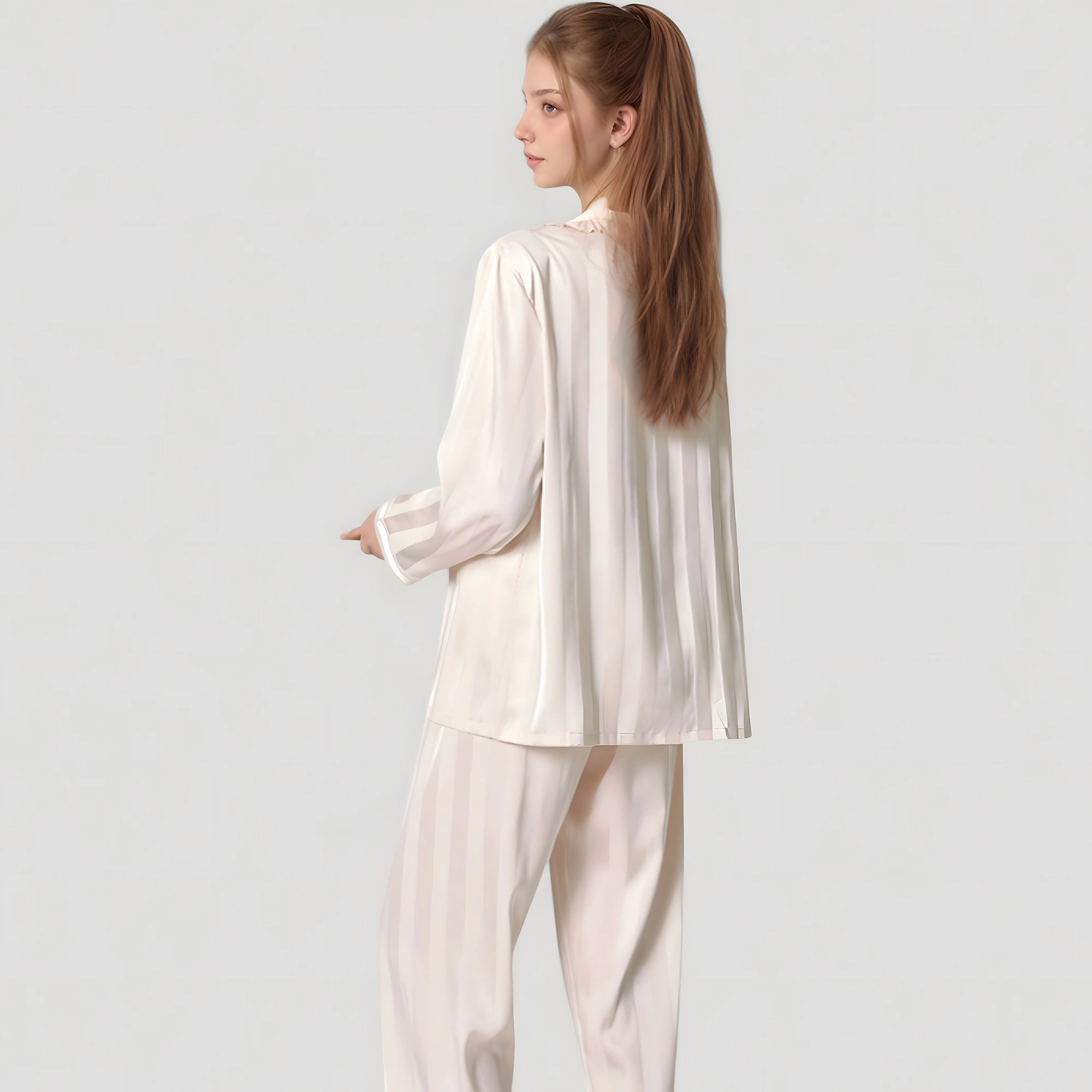 Anna-Kaci Women's Long Sleeve Button Down Satin Pajama Top with Ruffle Collar and Wide Leg Pants Sleepwear Set