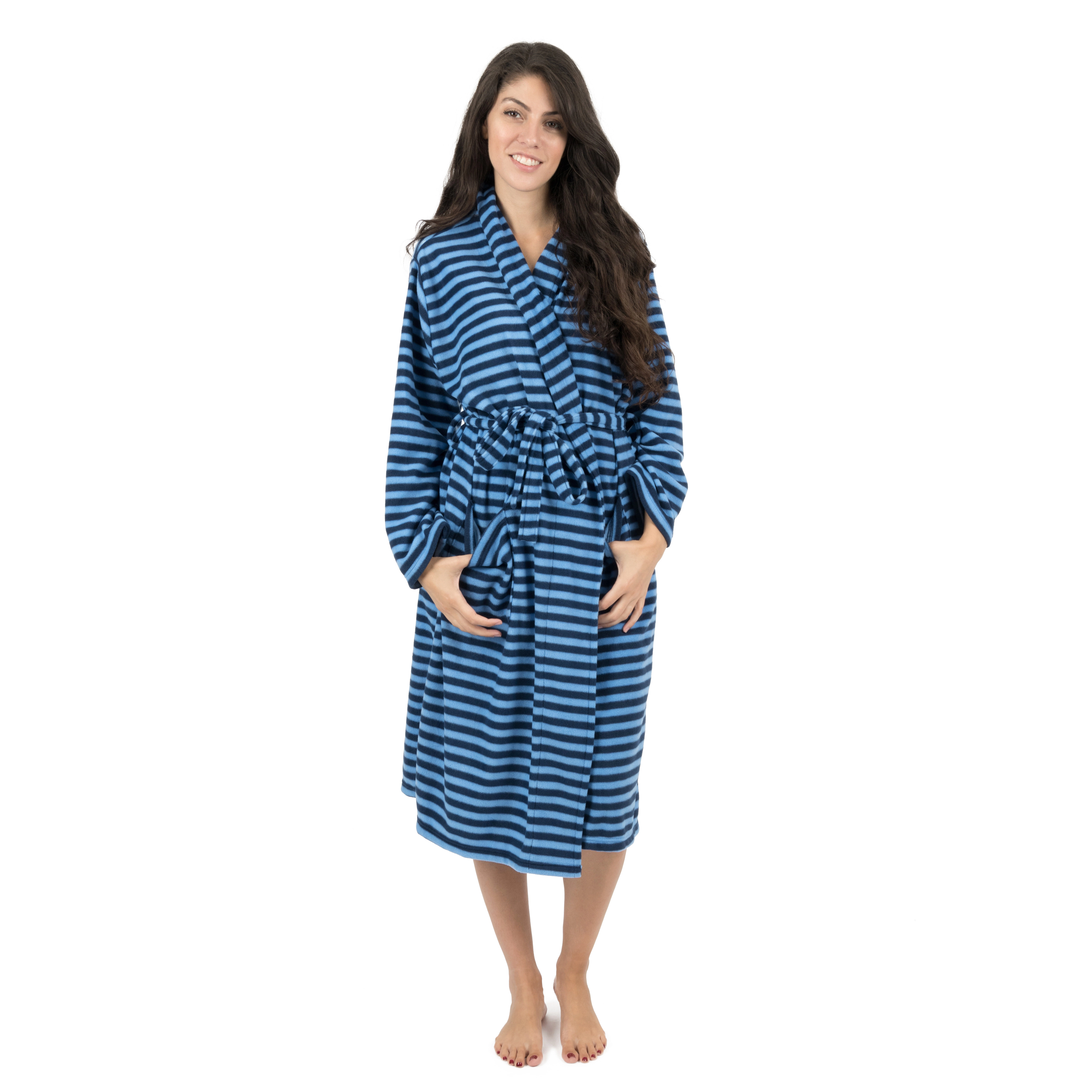 Leveret Womens Blue & Navy Striped Micro Fleece Robe