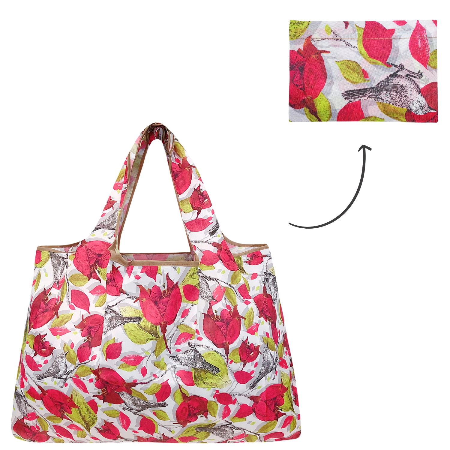 Wrapables Large Nylon Reusable Shopping Bag for Groceries, Red Floral with Gray Birds