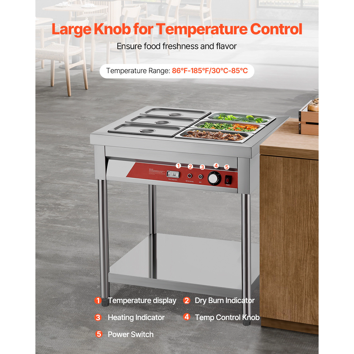 HONGGE Commercial Food Warmer Electric Steam Table 1500W Professional Buffet Catering Food Warmer with Undershelf