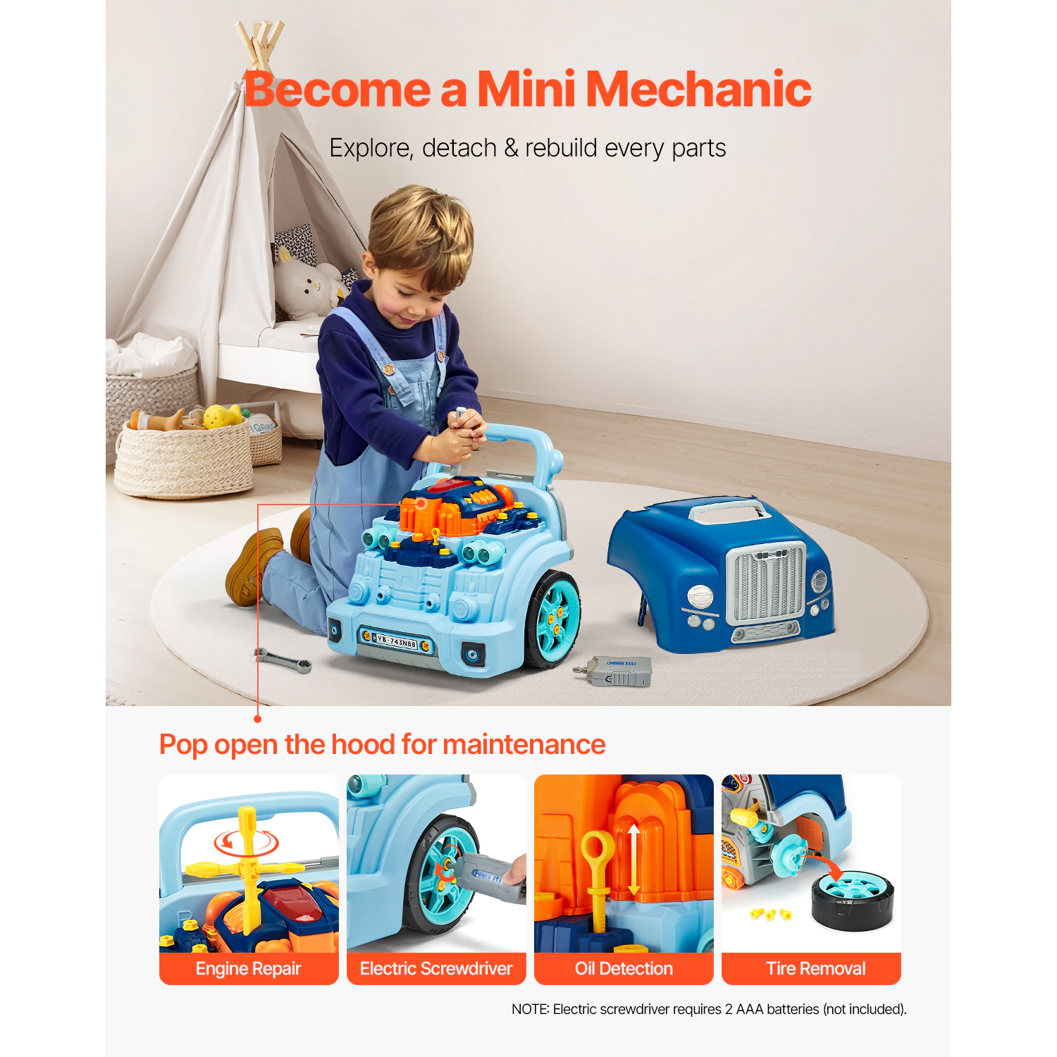 HONGGE Engine Toy 60 Pieces Kids Mechanic Car Repair Set with Removable Parts Lights and Sounds Steering Wheel Horn